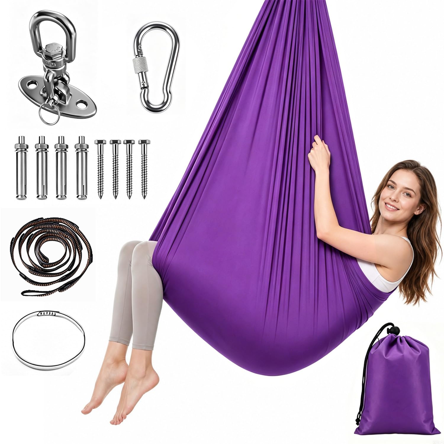 Aerial Yogatuch 280x150cm Yoga-Set für Erwachsene, Yoga Hängematte zum Aufhängen Aerial Yogas Set für drinnen und draußen 200 kg Belastung,inkl. Kompletter Installationshardware für Fitness（Lila)