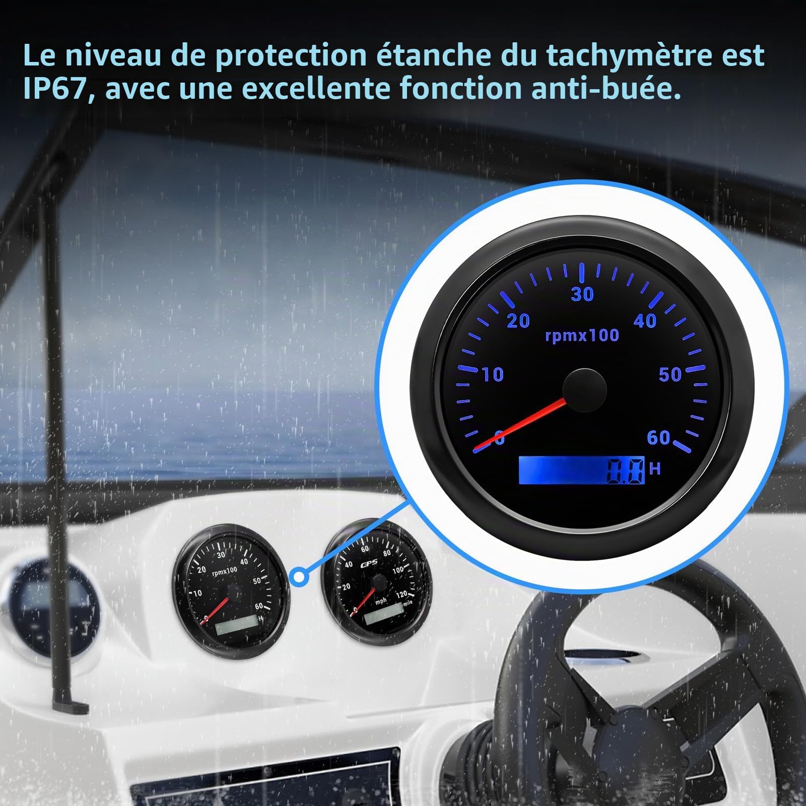Tachymètre jauge 7 couleurs 85 mm 3-3/8'' compte tour electronique tachymètre de rechange automobile noir 0-6000 tr/min tacométro mètre LED pour voiture, bateau, camion 9-32 V