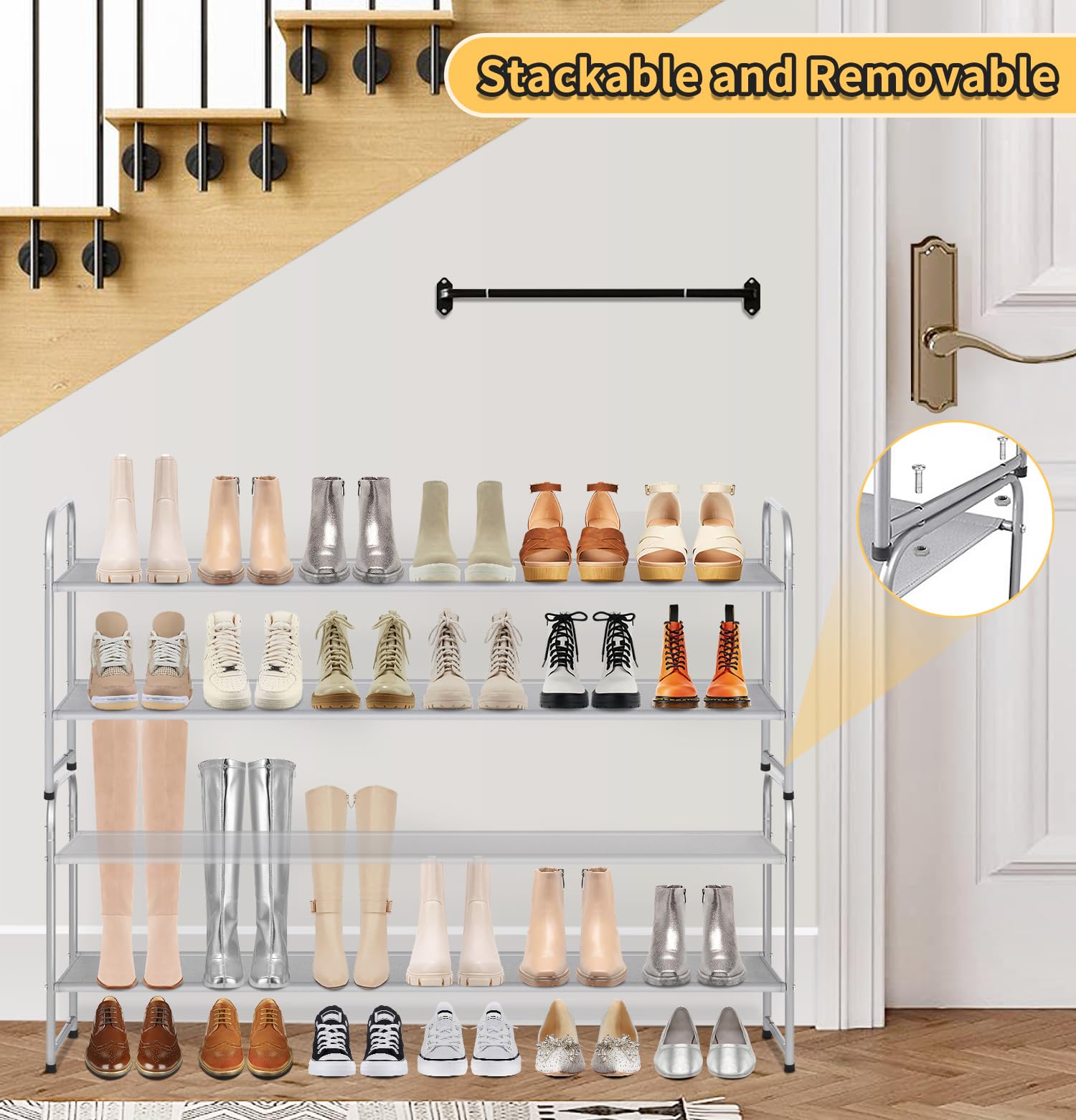 Wuiil AOODA Scaffale Scarpe Metallico 2 Livelli - Porta Scarpe Lungo Impilabile Per Armadio E Ingresso, Capacità 18 Paia, Grigio