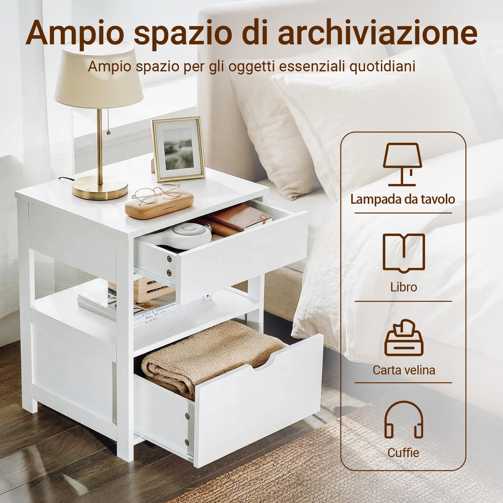 SoBuy Comodino Camera da Letto - Comodino con 2 Cassetti e 1 Ripiano, Tavolino Salotto - Moderna Cassettiera L45 x P38 x A55 cm Bianco FRG258-W