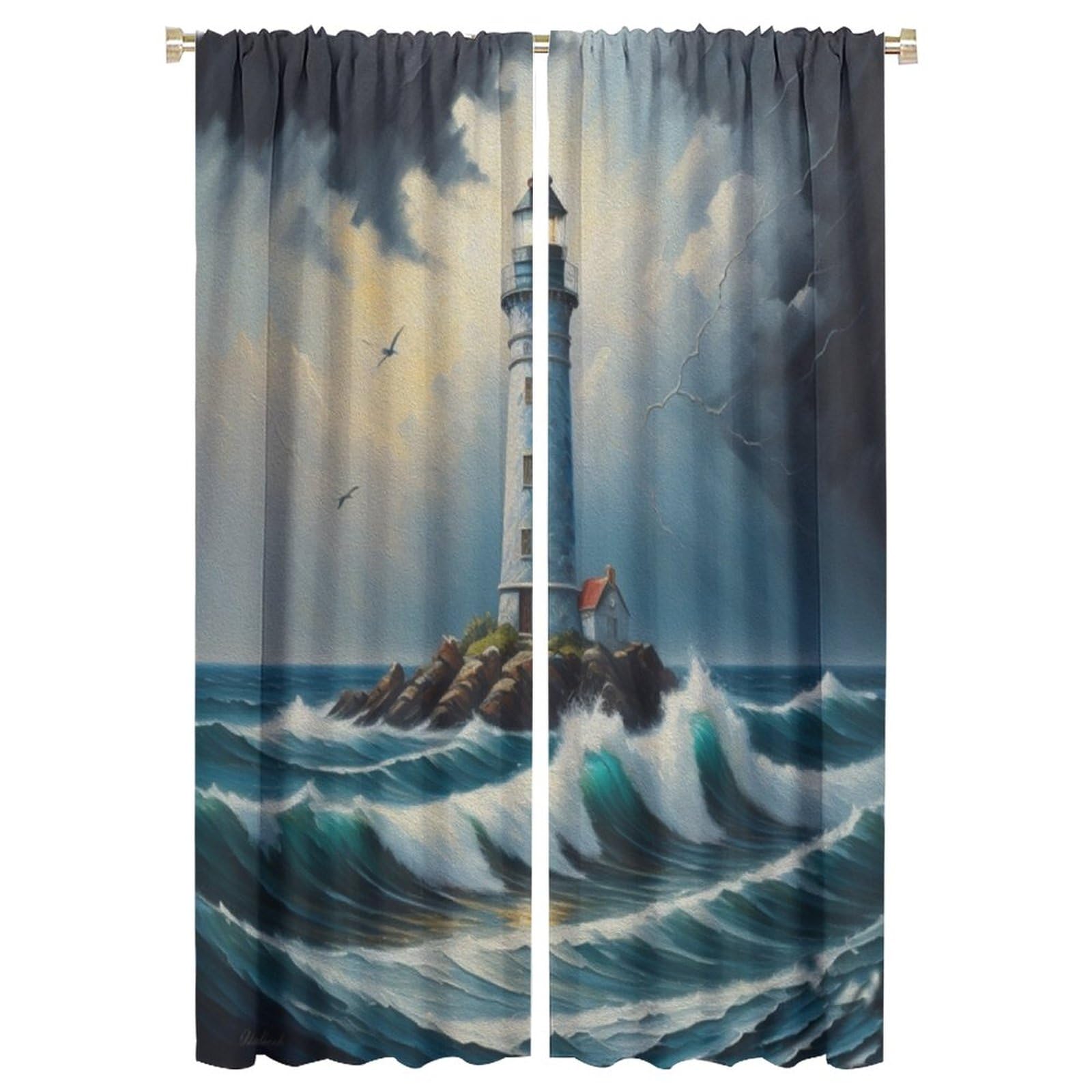 Lightinghouse Curtain Waves and Dark Clouds Lightning Island Blackout Print Rod Pocket Window Drapes for Bedroom Living Room 42x63in