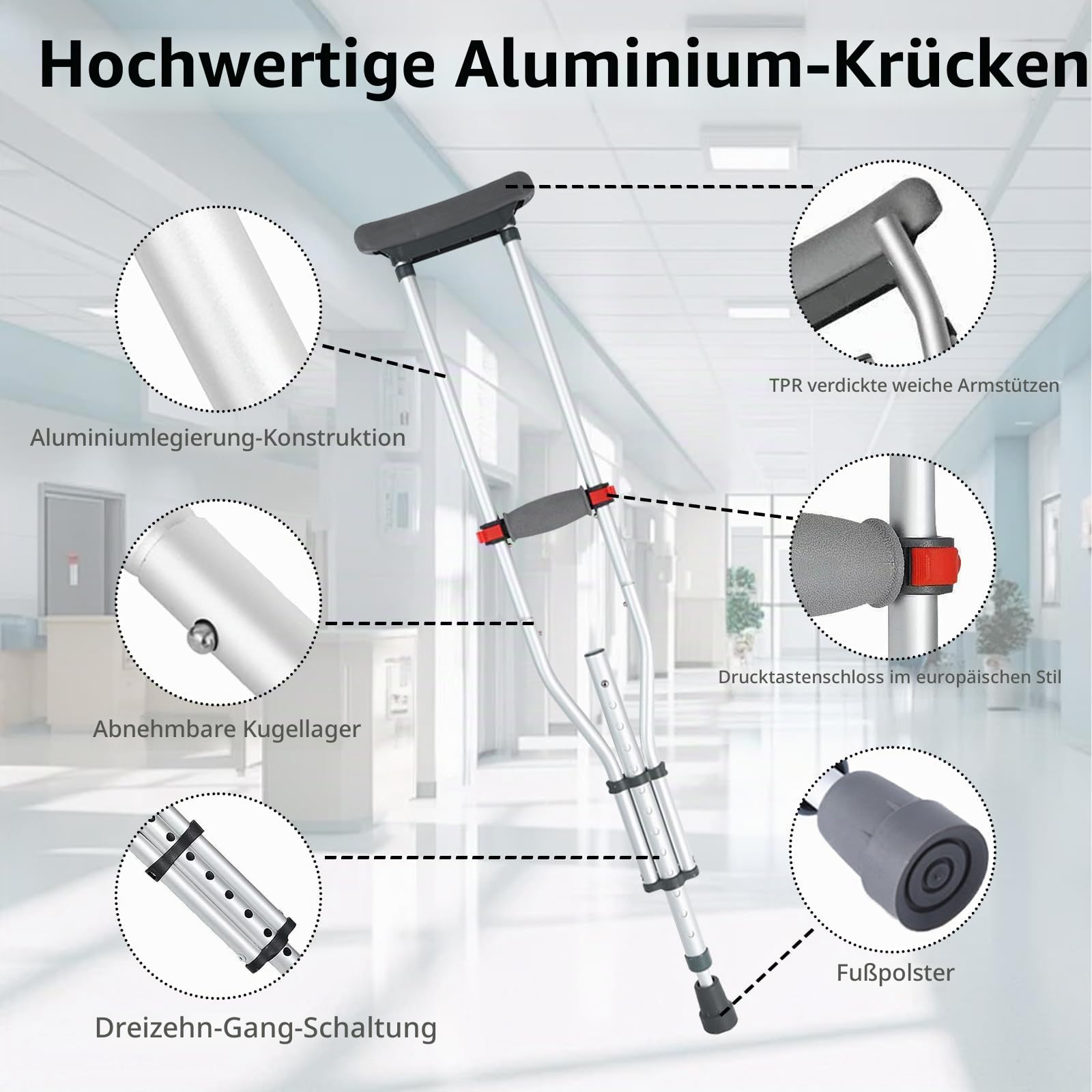 Achselgehstütze, Achselstütze 13 Stufig Höhenverstellbar, 150 KG Belastbar, Aluminiumkrücken mit Weichem Unterarmpolster für Behinderte nach Beinverletzungen Operationen, 1 Paar