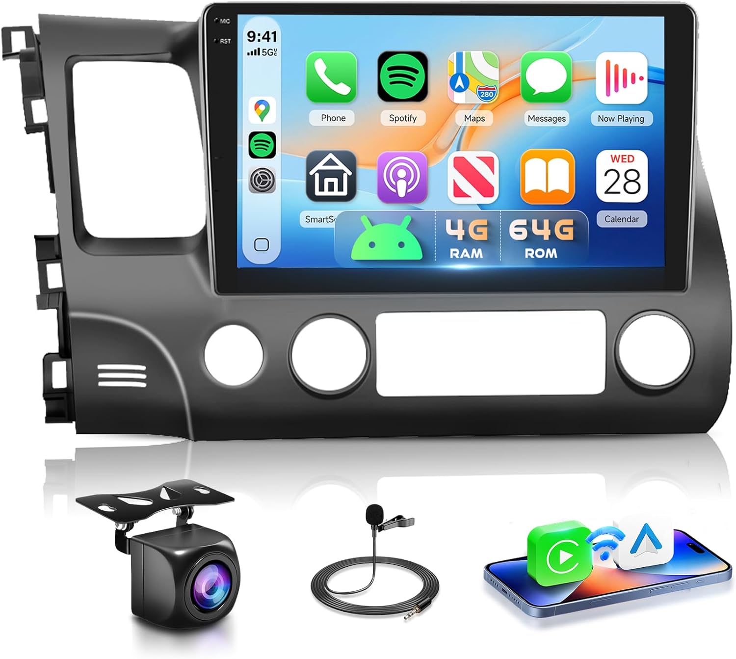 4GB 64GB Android Car Stereo for Honda Civic 2006-2011 Radio with 10.1inch 1280x720 IPS Touch Screen DSP 36EQ Wireless Carplay Android Auto 5.0Bluetooth GPS FM/RDS WiFi MirrorLink AHD Backup Camera