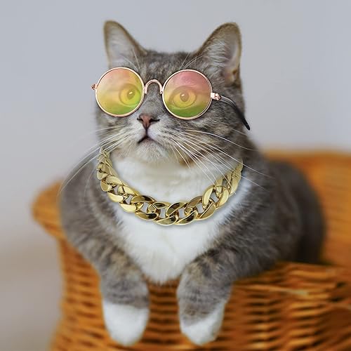 Miniatura 6 de Weewooday Disfraz de perro y gato, 6 piezas, gafas de sol para mascotas y sombrero de paja de verano con collar de cadena de oro sintético,