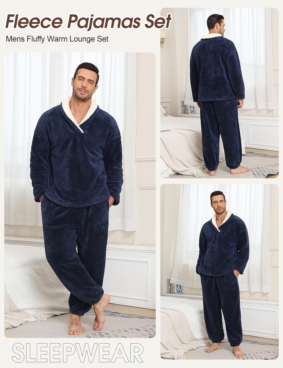 Mens Pajamas Set Long Sleeve Soft Fleece Fluffy Sleepwear Winter Warm Pjs Lounge Sets Flannel Sleepwear with Pockets - Image 2