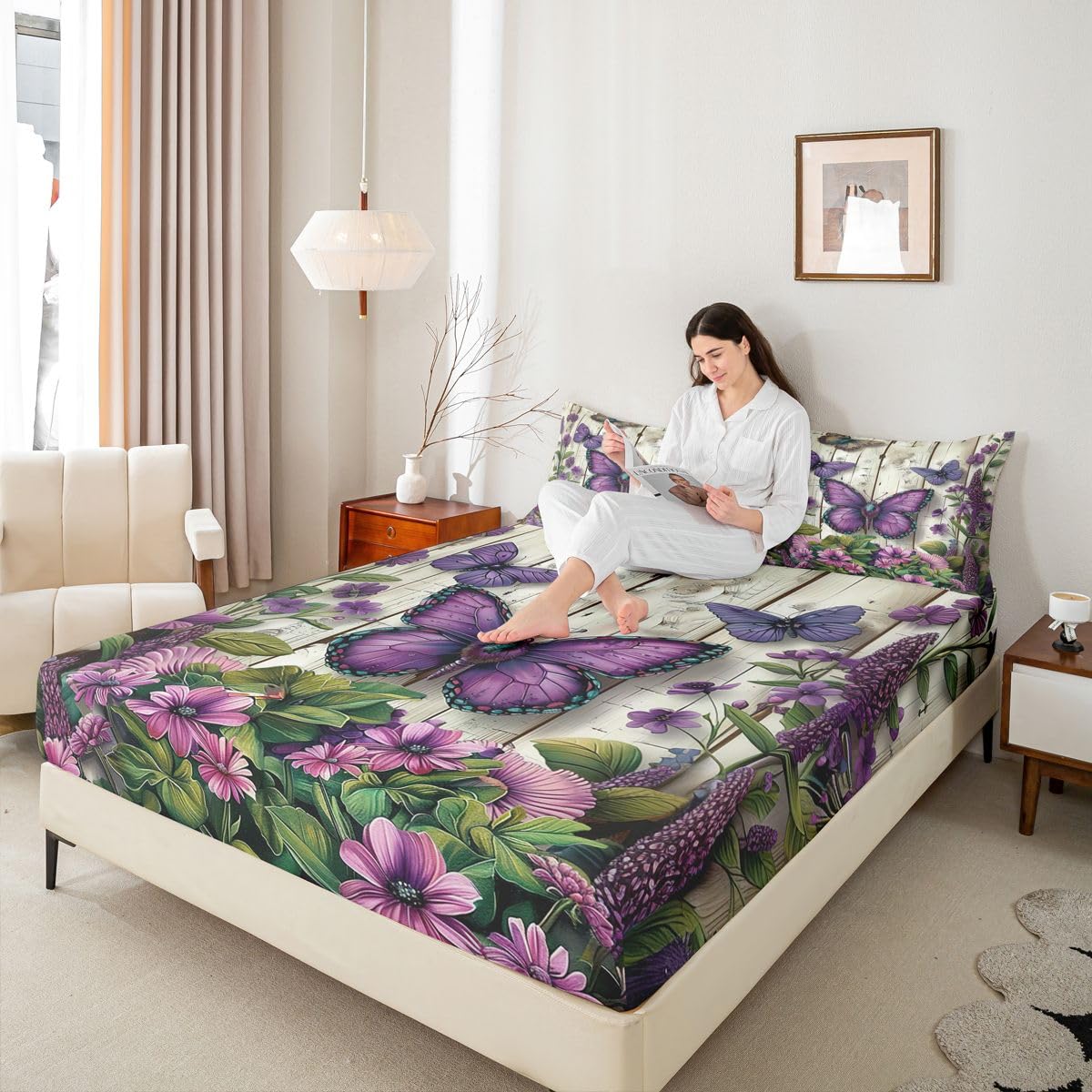 Manfei Sábana bajera ajustable con diseño de mariposas, tamaño King, juego de ropa de cama de flores rústicas, 3 piezas, estilo primaveral, con 2 fundas de almohada, decoración de habitación de niños
