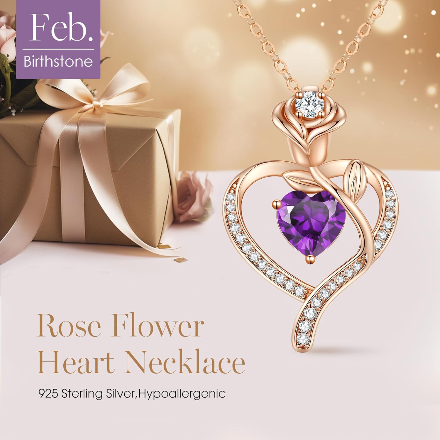 LOUISA SECRET Rose Flower Heart Birthstone Necklaces for Women, 925 Sterling Silver Fine Jewelry, Pendant Heart Necklaces Birthday Anniversary Christmas Gift for Women Wife Mom Girlfriend Lady - Image 4