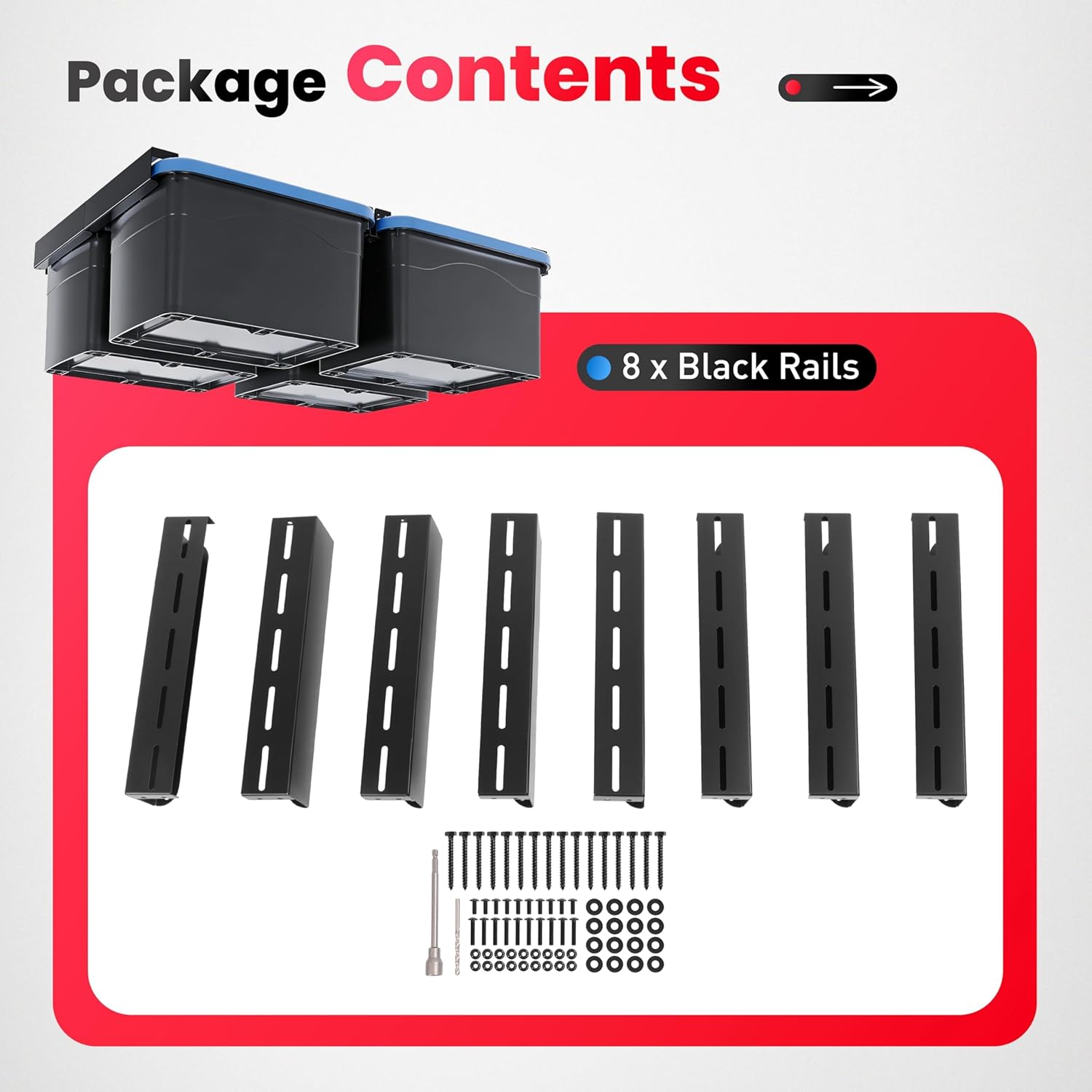 8pcs Heavy Duty Overhead Garage Storage Rack, Connectable Single Rail Steel Ceiling Rails for Bin Organization System, Holds Up to 4 Bins, 4 Sets Black