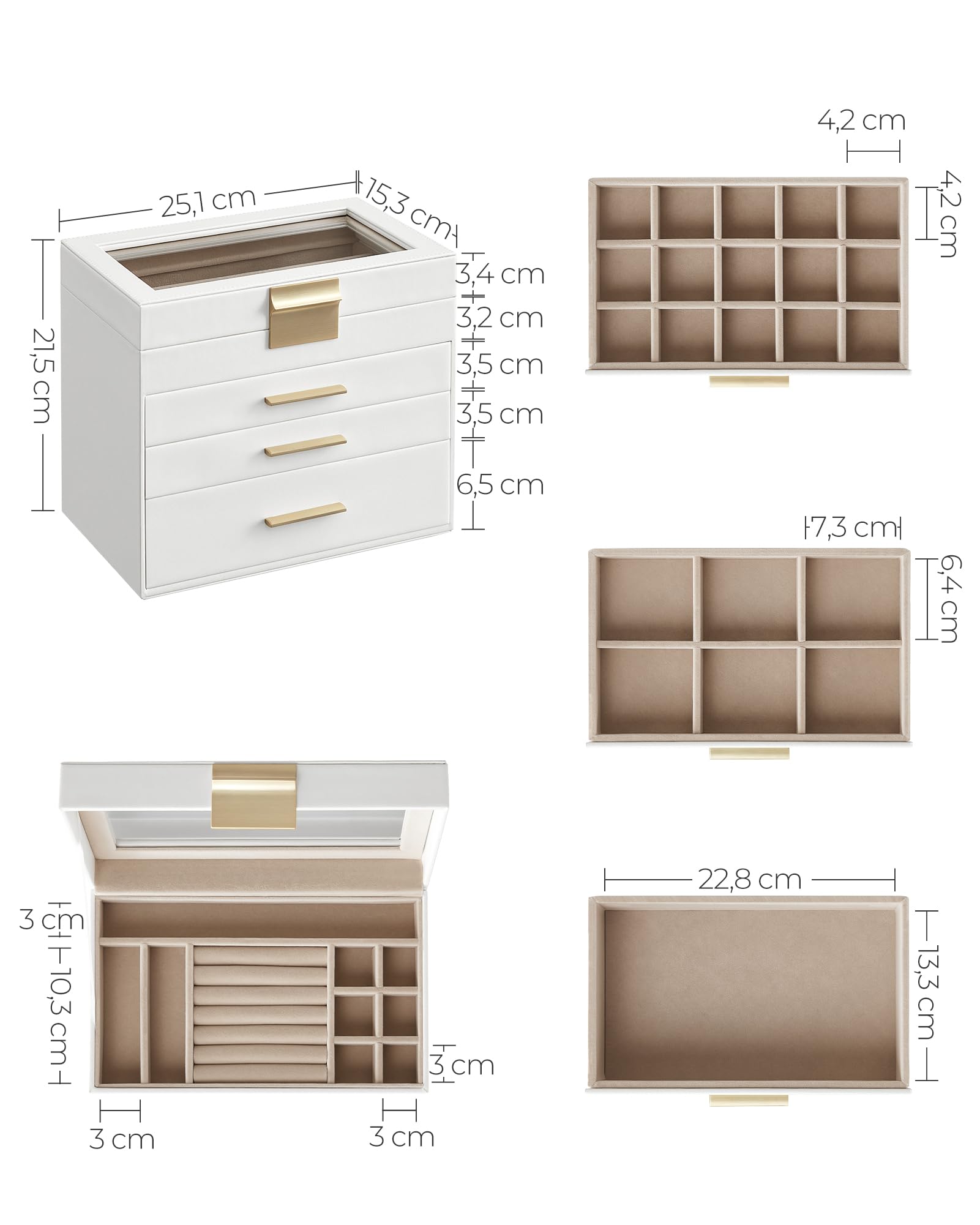 SONGMICS GISELLA Kollektion - Schmuckkästchen, Schmuckkasten mit 4 Ebenen, Schmuckbox mit Glasdeckel, 3 Schubladen, für Sonnenbrillen, Schmuckaufbewahrung, modern, wolkenweiß-golden JBC161W01