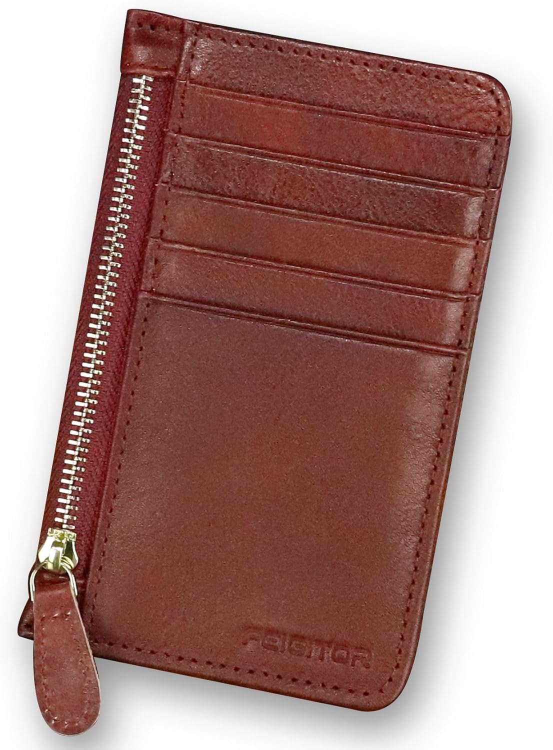 Genuine Leather Slim Wallet for Women and Men Credit Card Holder with RFlD Blocking Vintage Full Grain Leather Zip Purse Card Cases Money Clip (Red)