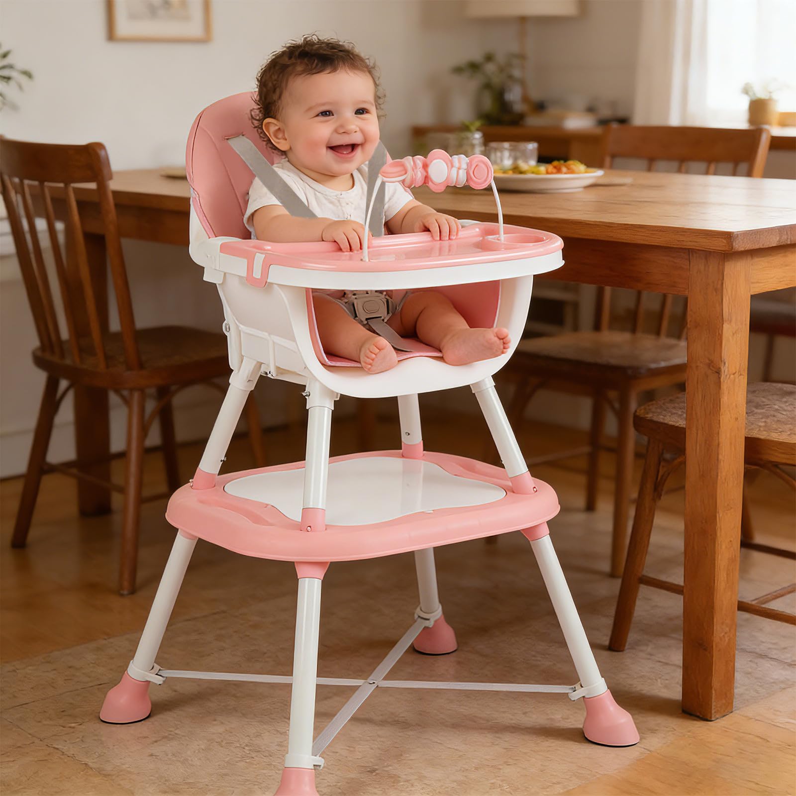 Toddmomy Krzesełko dla niemowląt | 6 w 1 ergonomiczne krzesełko do karmienia, podwyższenie siedziska, stolik do gier | Rozkładany fotelik dla malucha z pasami bezpieczeństwa do jedzenia i zabawy