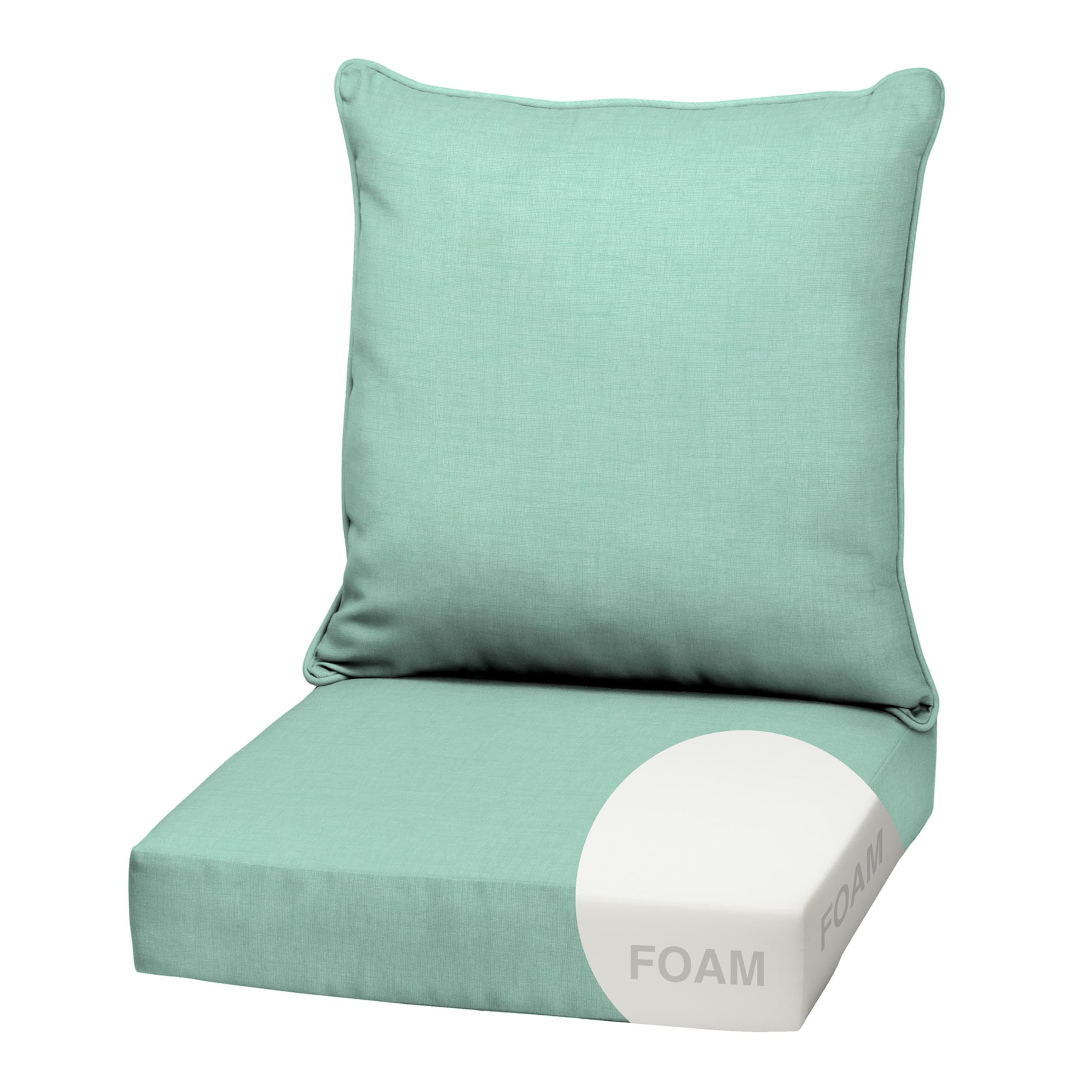 arden outdoor foam deep seat cushion set, 22 in x 24 in, weather-proof, rain-proof, fade resistant patio cushion, bottom and back cushion for chair, sofa, and couch aqua leala