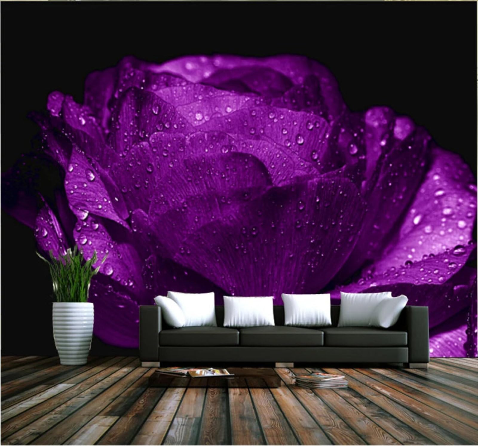 Wallpaper-3D-Xlm 250Cm×170Cm(B×H) Beautiful Romantic Purple Roses Water Droplets 3D Wallpaper Easy Install Feature Office Living Room Sofa Bedroom Tv Background Wall Decoration-250Cm×170Cm