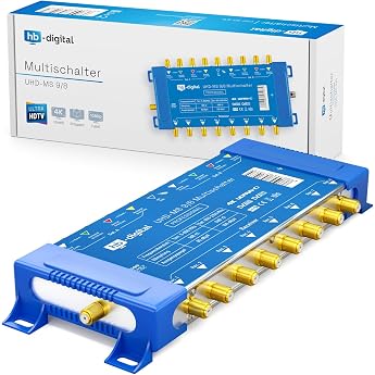 hb-digital 9/8 Multiswitch with External Power Supply for 8 Subscribers and 2 Satellites - Only Suitable for Quattro LNB UHD 4K Full HD DVB-S/S2 - Terrestrial Input - Gold Plated F Connectors