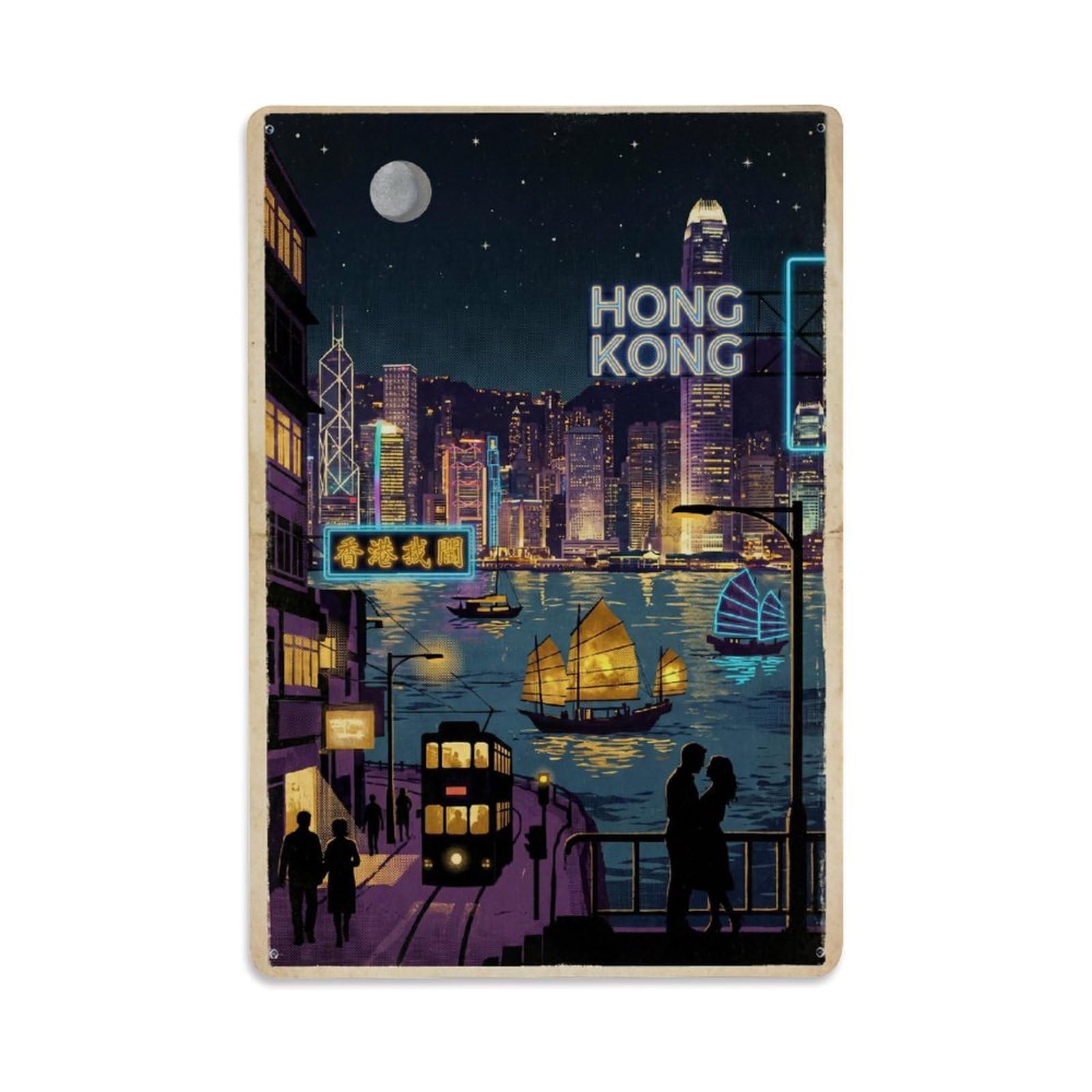 Gead 8X12inch Style Vintage Travel Hong Kong Night Metal Tin Sign