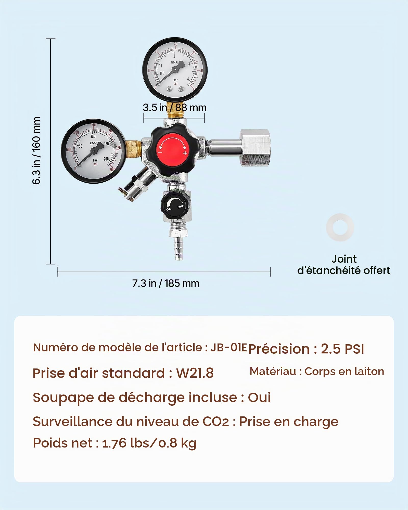 VEVOR Régulateur de CO2, Détendeur pour Tireuse à Bière à Double Manomètre et Valve Unique, Pression Réglable 0-60 psi, Compatible avec Raccord W21,8, pour Bière Pression et Réfrigérateur à Fût
