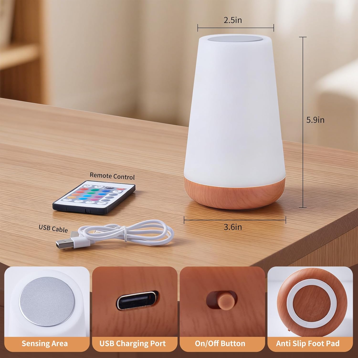 Night Light, Touch Bedside Table Lamp, Remote Control Dimmable Desk Lamp with RGB Color Changing, Portable Table Bedside Lamps for Bedroom, Living Room