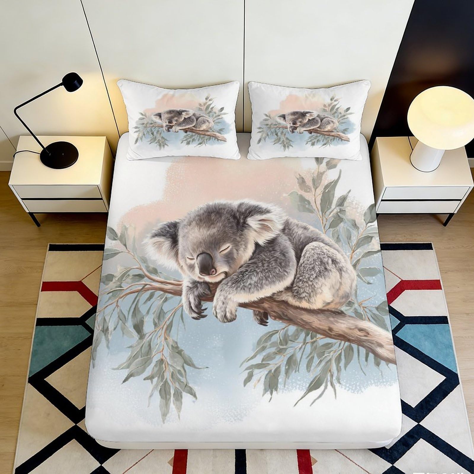 Pnayamiorkfel Style-9 3D Printed Sleeping Koala Fitted Sheet Microfiber Soft Anti-Slip Tree Branch Mattress Cover For Bedroom Guest Room Decor 90X200x25cm