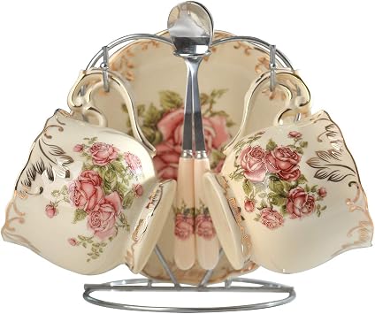 YOLIFE Tea Cup and Saucer Set of 2, 8 oz Vintage Ivory Porcelain Tea Cups Set with Stand, Teacup Saucer Set - Pink Rose with Gold Leaves