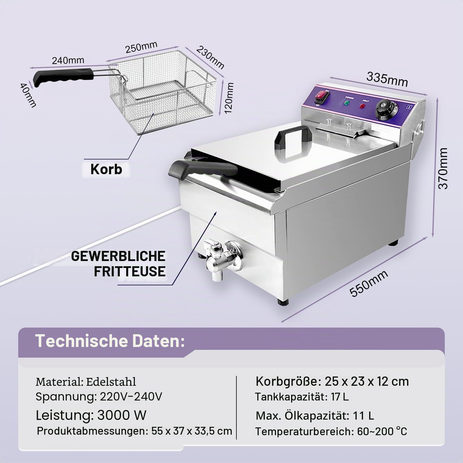 17L Elektrische Fritteuse Gastro Friteuse mit Ablasshahn | Professionelle Edelstahl Elektro Friteuse 3000W, Maximale Ölkapazität 11L, Thermostat 60–200 °C, für Küche, Restaurant