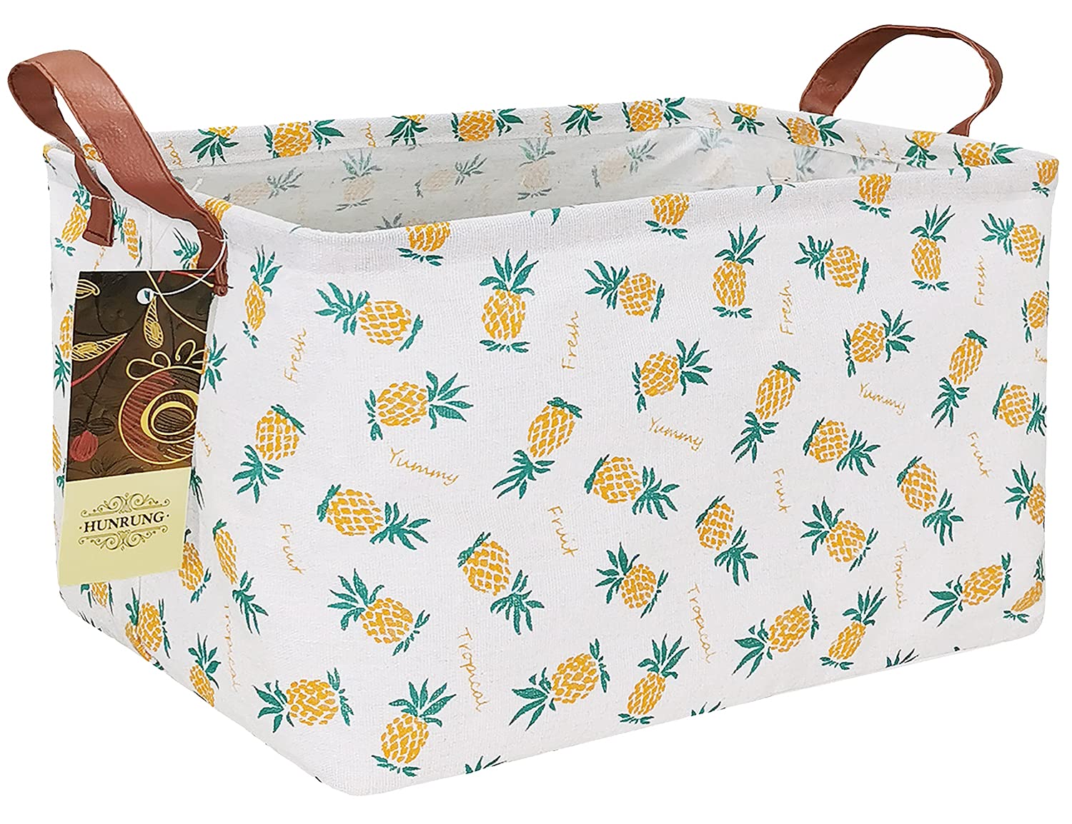 Rectangle Canvas Storage Basket Foldable Waterproof Toy Organizer Bin with Handles Fabric Collapsible Storage Bins for Shelves Kids Room Playroom Nursery Clothes and Pet Supplies(Rectangle Pineapple)