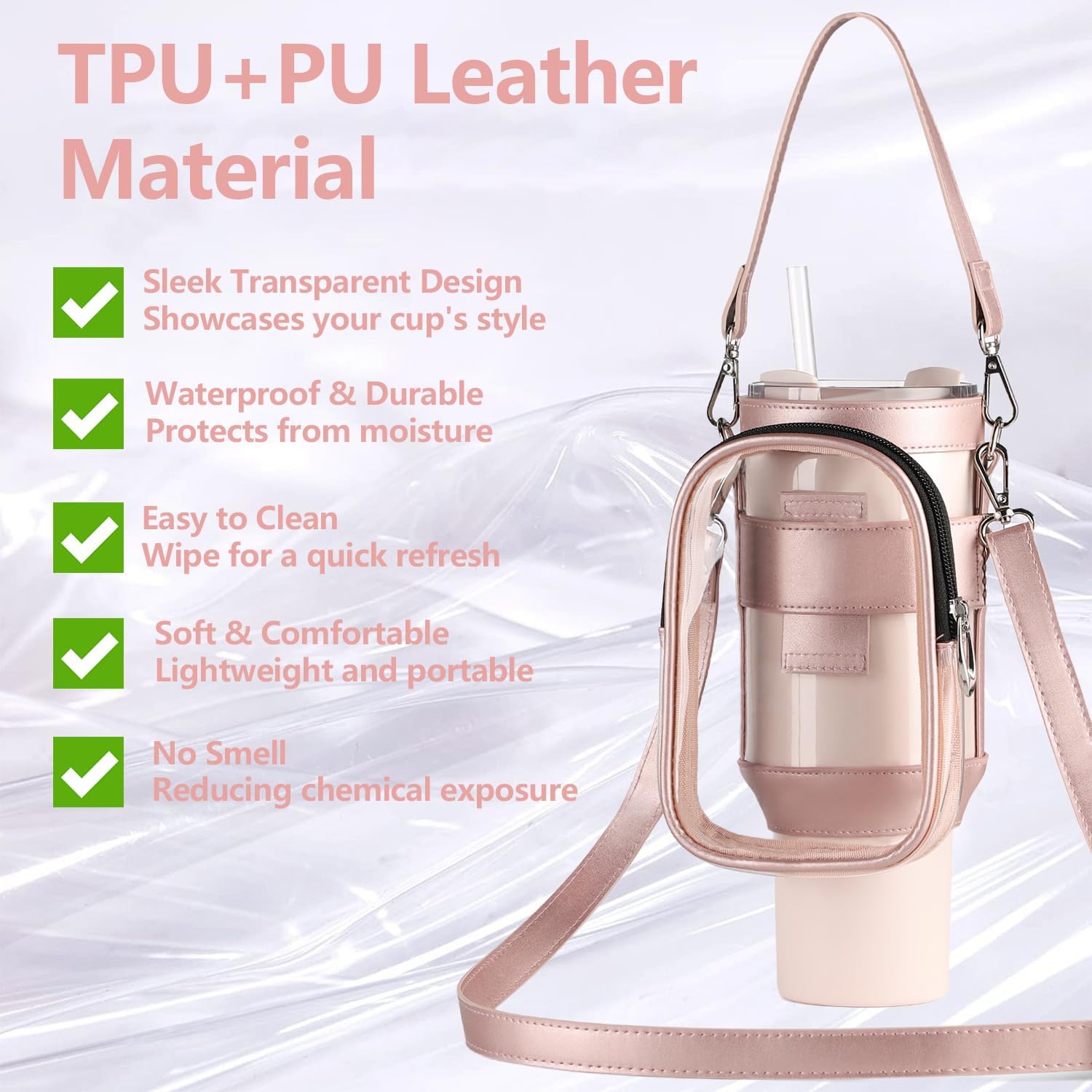 Clear Water Bottle Carrier Bag with Phone Pocket for Stanley Cup 40oz,with Adjustable Shoulder & Handheld Strap Stanley Cup Accessories Edging for Concert Sports (Pink) - Image 4