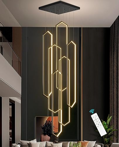 Miniatura 29 de Candelabro moderno de 6 anillos, luz LED dorada contemporánea para entrada de sala de estar, lámparas de techo alto regulables con control remoto