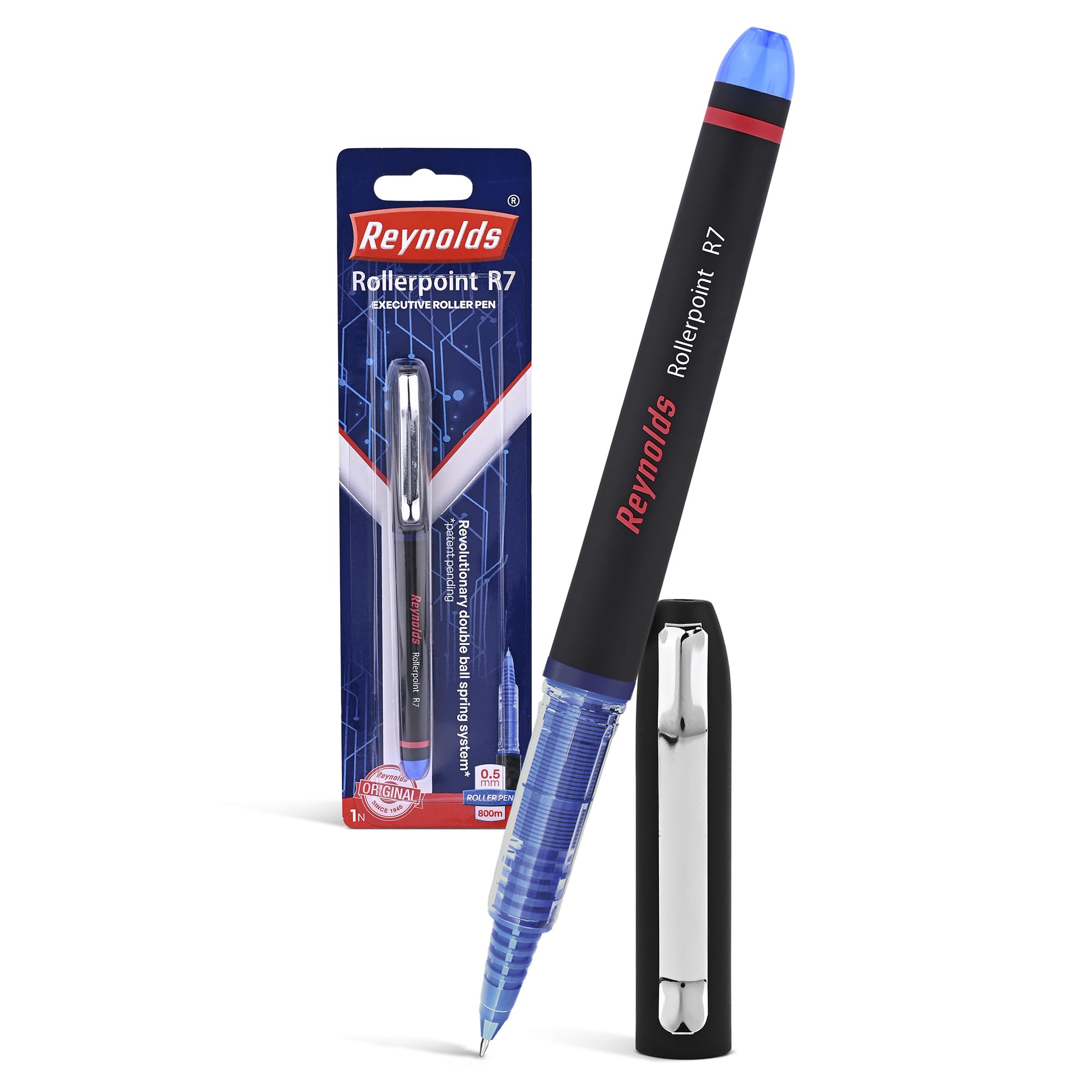 Reynolds ローラーポイントペン R7 1CT BL- ブルー | スタイリッシュなメタルクリップ プレミアムルック ローラーボールペン メンズ レディース 学生 オフィスプロフェッショナル向け | 詰め替え可能 | スムーズで簡単な書き心地