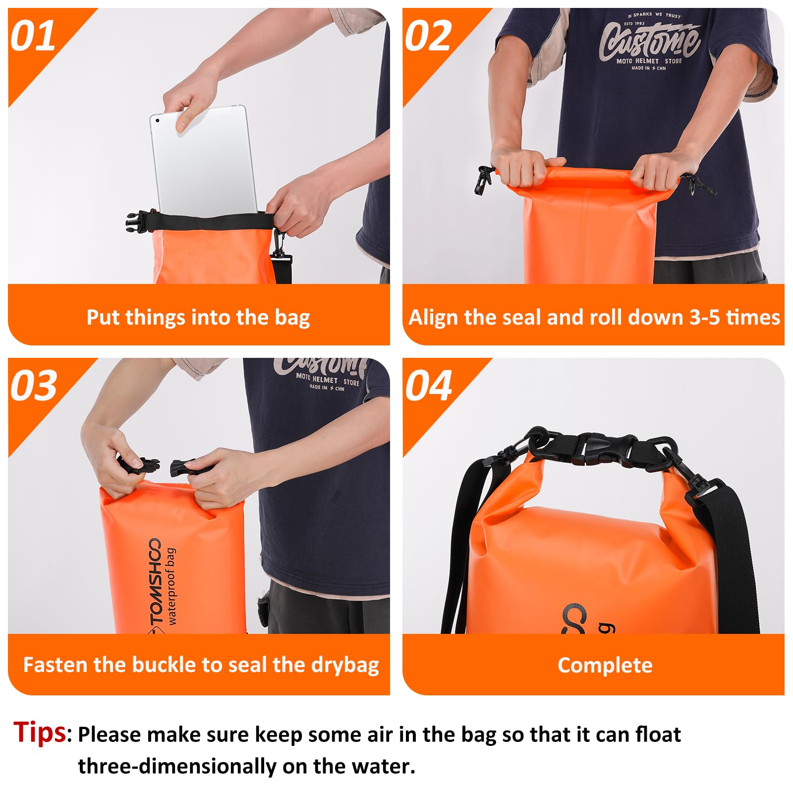 TOMSHOO Dry Bag Set, Wodoodporny Plecak 10L/20L z Wodoodpornym Pokrowcem i Kieszeń na Telefon Komórkowy, Regulowany Pasek na Ramię, Wodoodporny Plecak na Spływy Kajakowe, 10L, Pomarańczowy