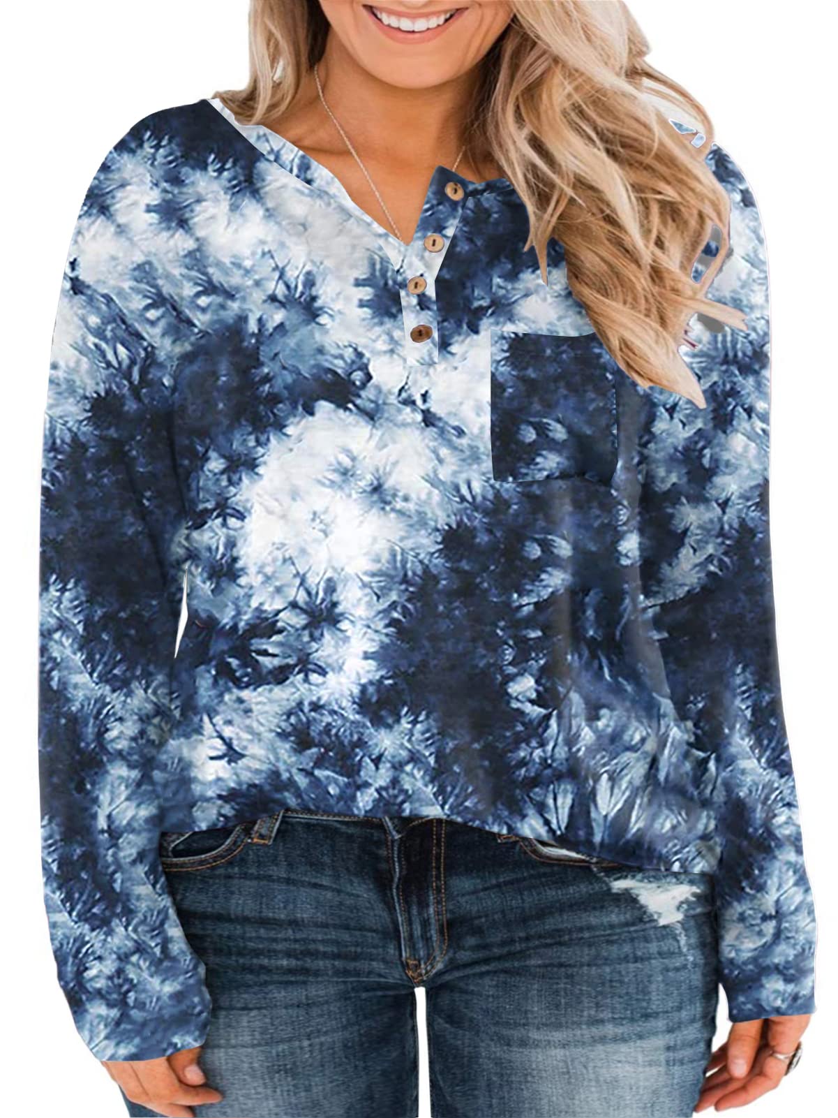 VISLILY Plus-Size Tops for Women Long Sleeve Button Up Henley Shirts
