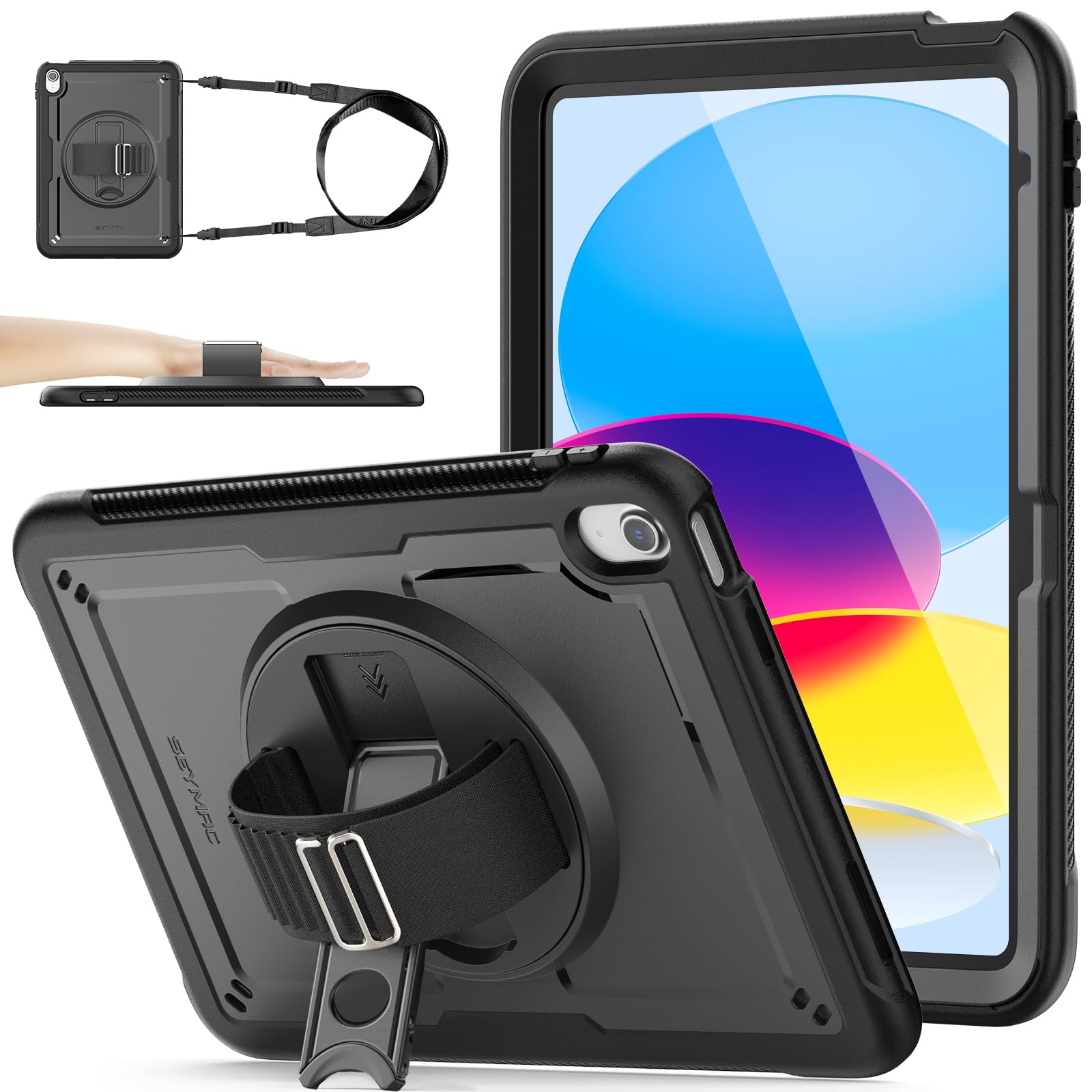SEYMAC stock Hülle für iPad A16 11./10. Generation 11/10,9 Zoll 2025/2022, Stoßfeste Hülle mit Displayschutz, Stifthalter, 360° Drehbarer Ständer/Handschlaufe & Schultergurt, Schwarz