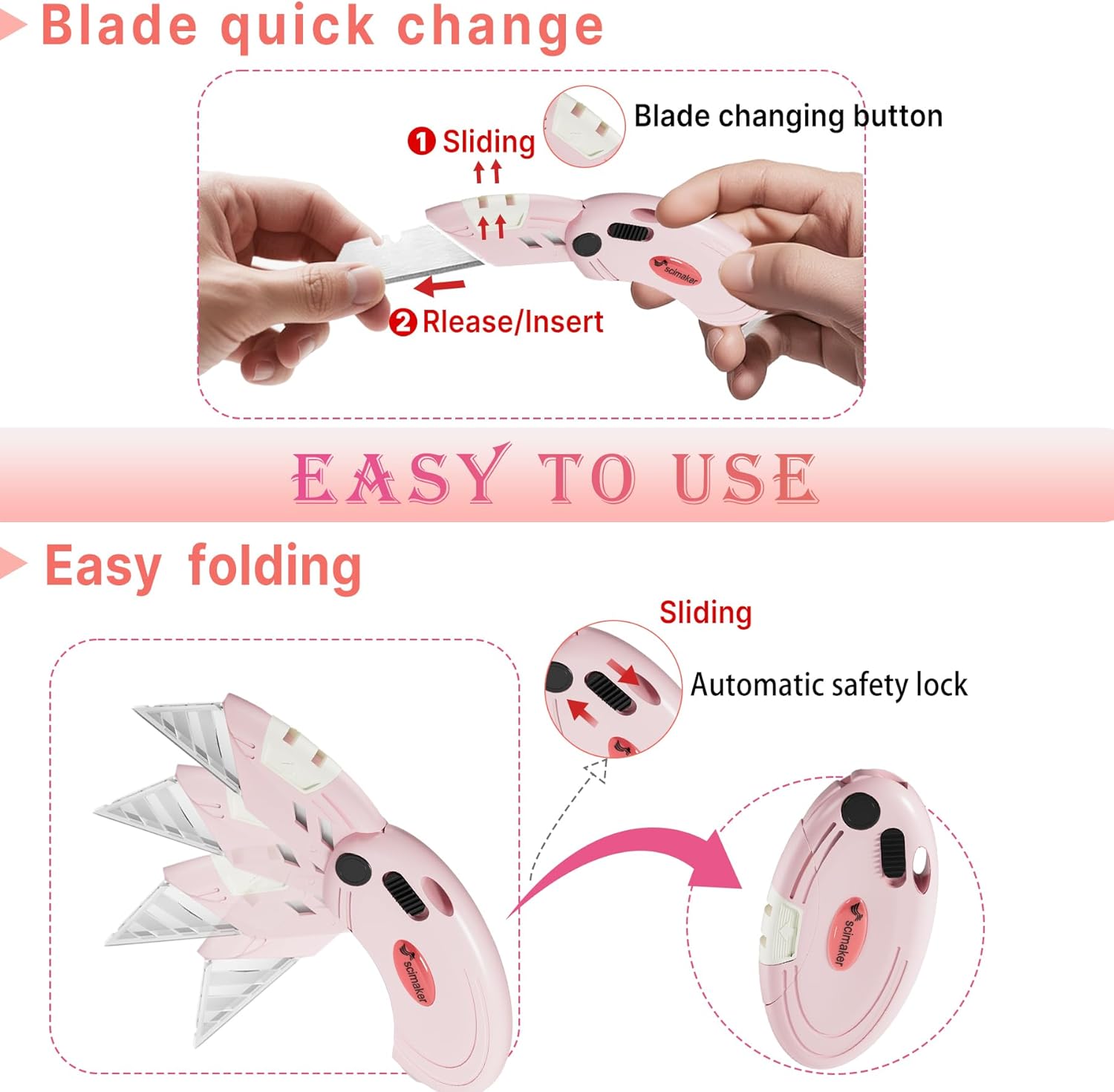 Box Cutters Utility Knife Set Lightweight 4- Pack Folding Razor Knives Back-lock Mechanism with Extra 10 Blades - Pink
