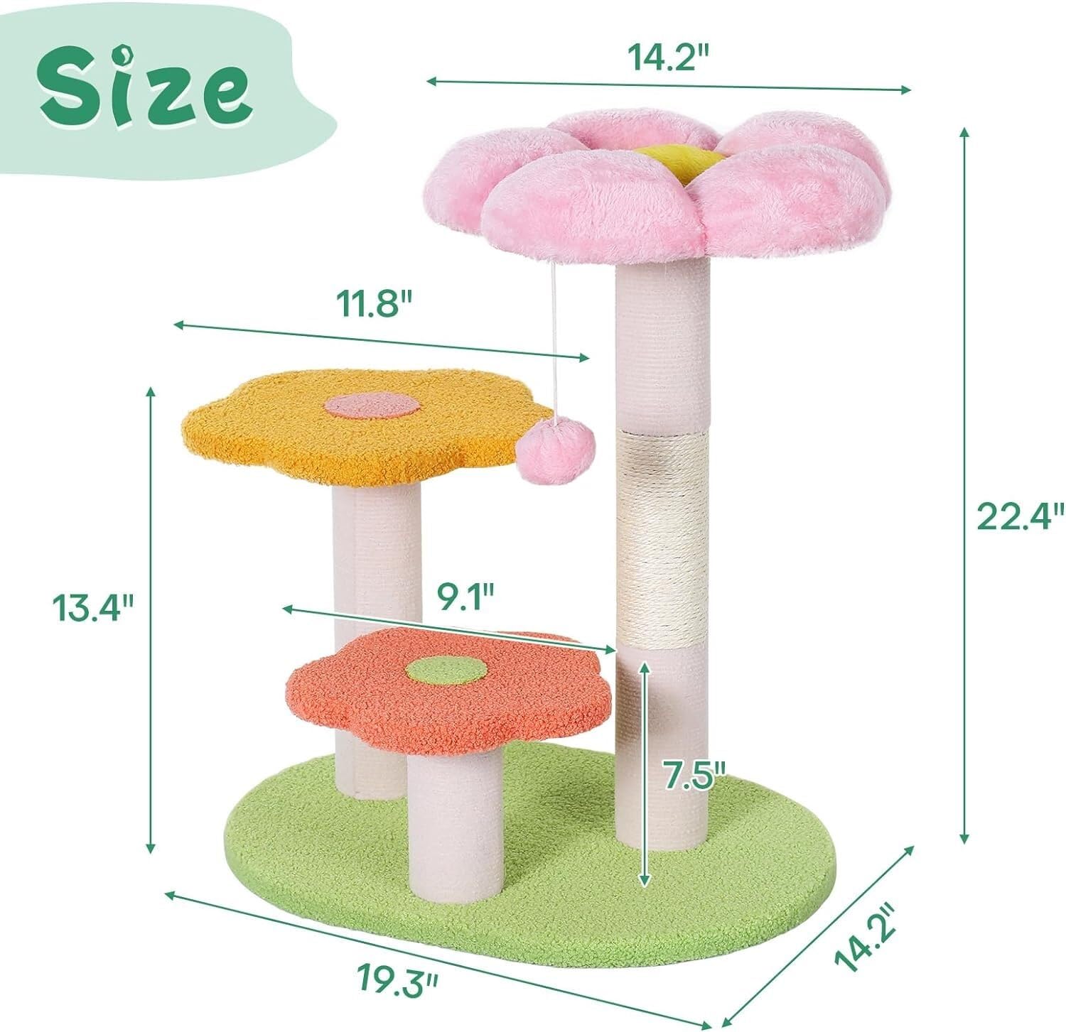 Albero per Gatti da Interno Esterno Tiragraffi per Gatti con Fiori E Tiragraffi per Gatti da Interni con 3 Trespoli in Peluche E Palla Sospesa(19.3 * 14.2 * 22.8in)
