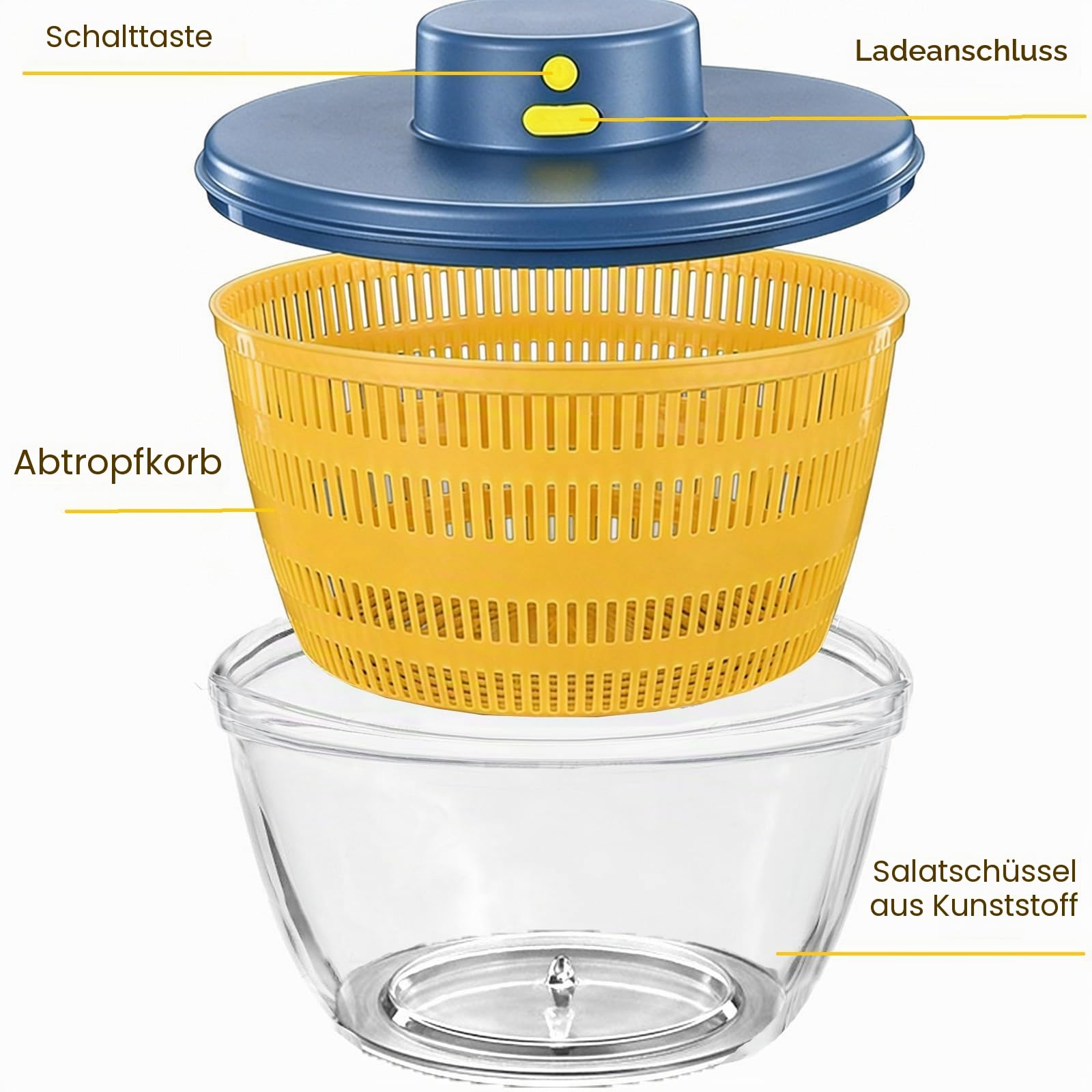 Salatschleuder Elektrische Salatschleuder 4L Küchenhelfer Salattrockner, Automatische Salat Schleuder mit Deckel, für Waschen und Trocknen von Salat Obst Gemüse, mit 350ml Squeeze Flasche