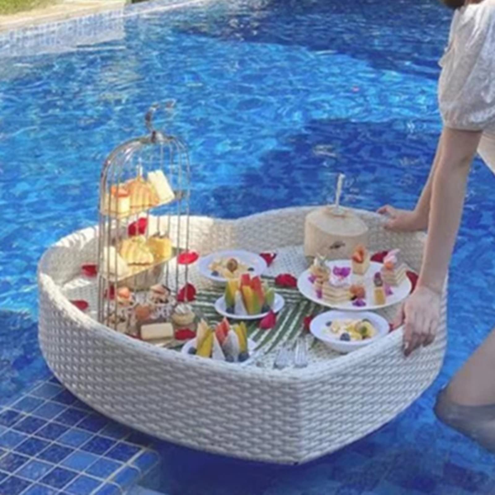 Mesa de Bandeja Flotante para Piscina Fiestas al Aire Libre, Desayuno multifunción, Enfriador Bebidas Beber en la Piscina, Barra Servicio Juegos Agua Libre Verano,White