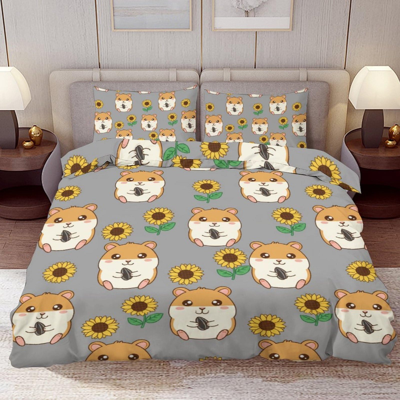 Delerain Comforter Cover Set Twin Size, Cute Cartoon Hamster Sunflower 3-Piece Bedding Set for Boys Girls Teens Modern Soft Microfiber Bedroom Set Room Decor, 1 Duvet Cover + 2 Pillowcases