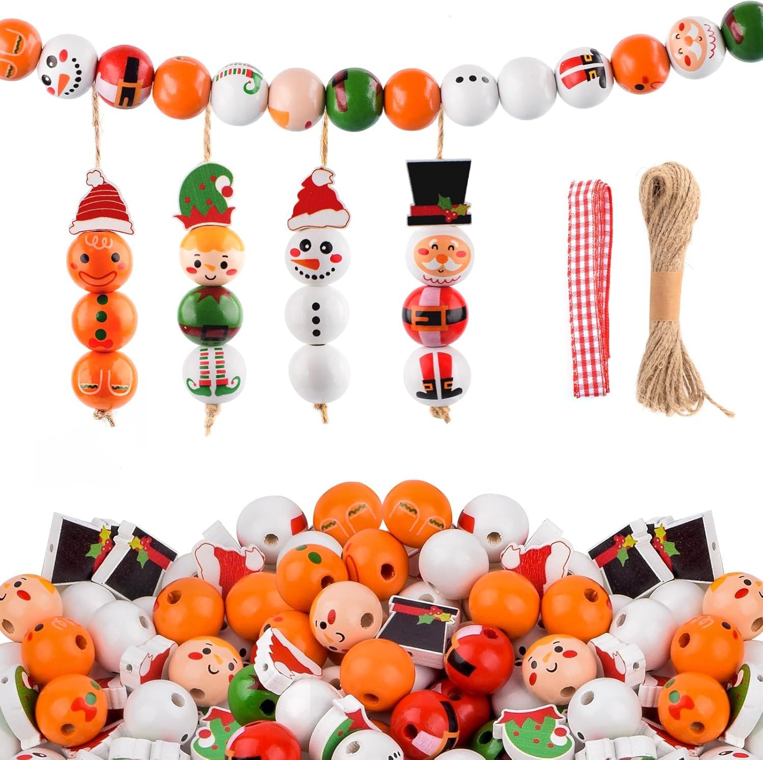 160Pcs DIY Christmas Wood Beads with Snowman Wooden Bead Twine Xmas Santa Gingerbread Man Round Beads for Crafts DIY Christmas Winter Party Supplies Decor Ornaments