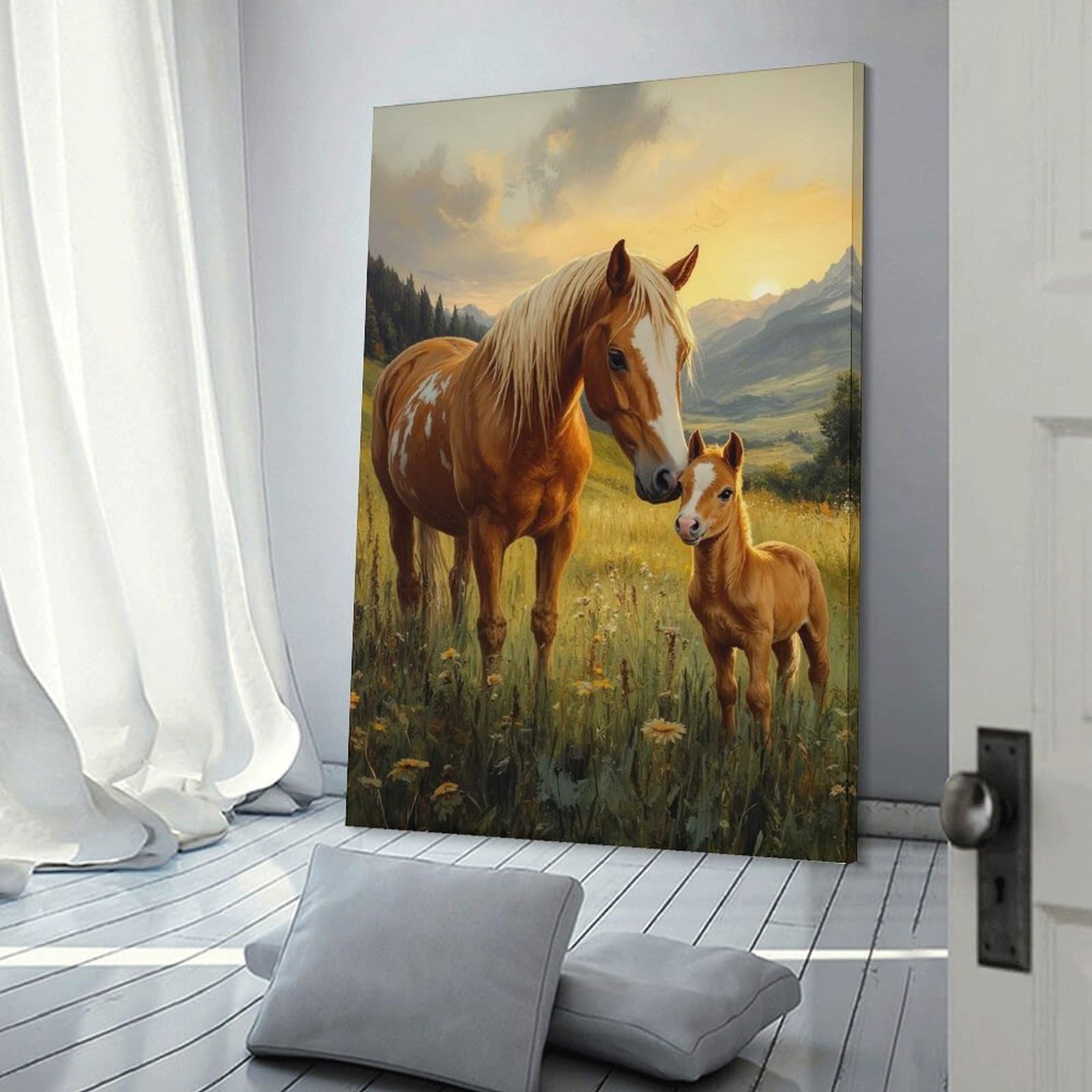 Junmoney Horse And Foal in Meadow Canvas Wall Picture, 12x18inch(30x45cm), for Wall Displays, Bedrooms Or Room Updates, Wall Decor Suited to Curated Displays