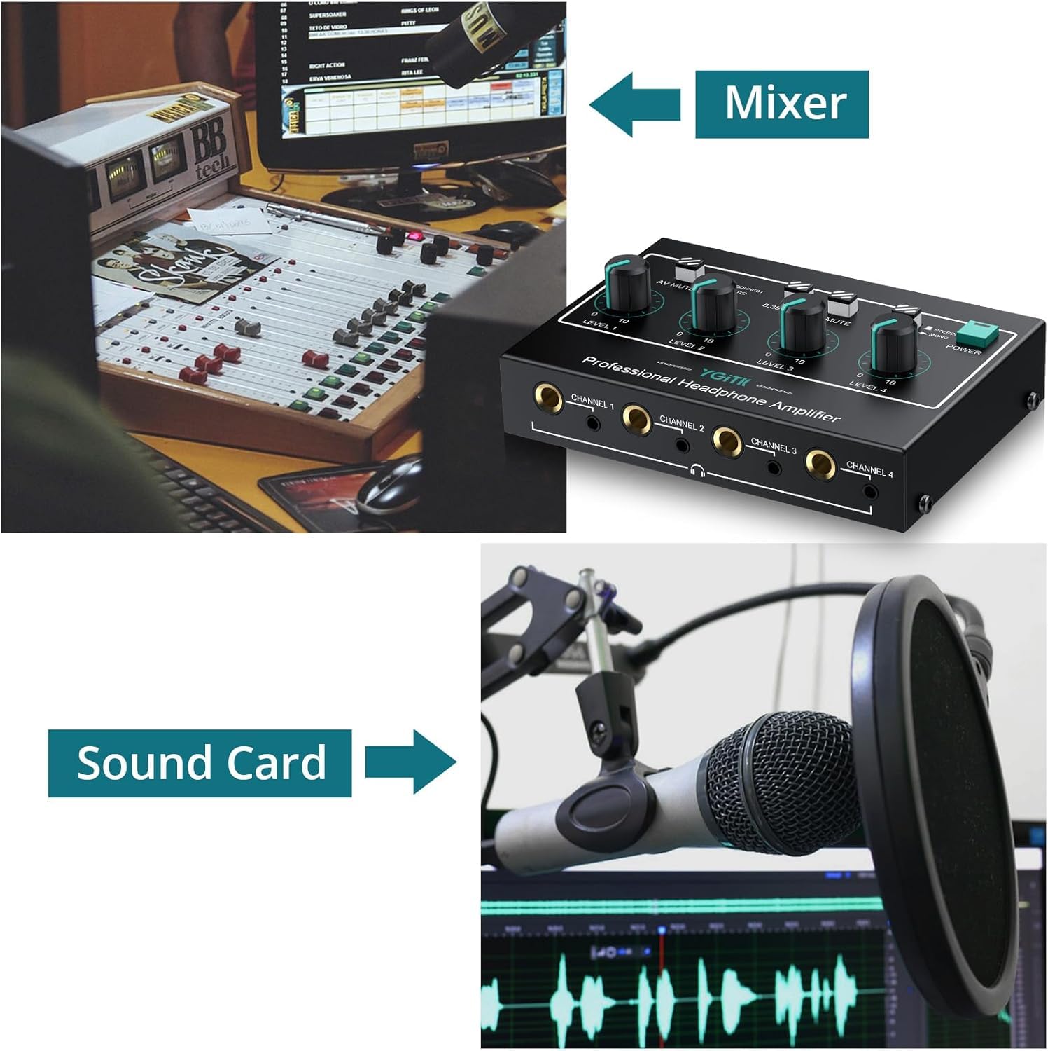 Amplificateur de casque à 4 canaux – Commutateur mono/stéréo avec sortie TRS 6,35 mm et 0,3 cm, 7 couleurs RVB LED en métal pour studio de musique, jeux, enregistrement – 3 ports d'entrée (noir