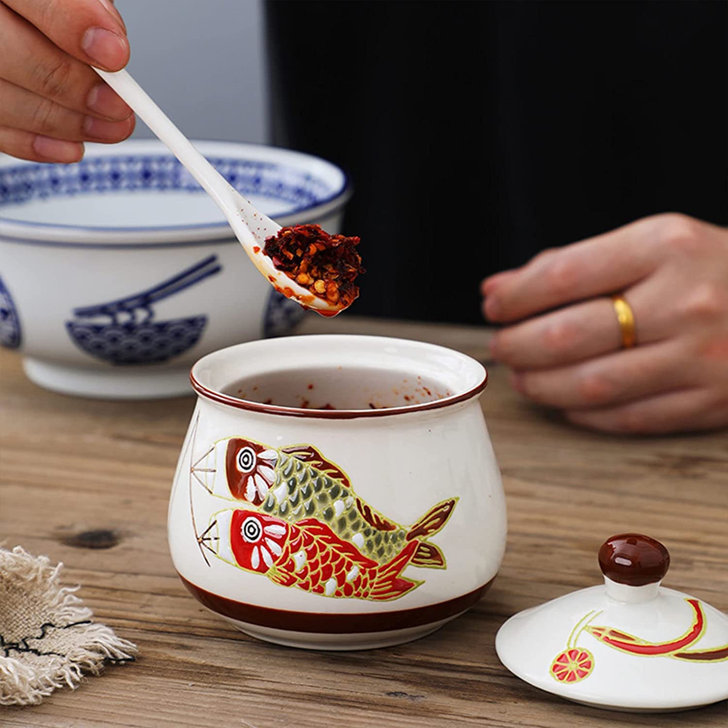 Azucarero de cerámica, jarra for crema, azucarero retro nórdico con tapa, tarro de almacenamiento con patrón dibujado a mano, azucarero de porcelana, tarro de especias, for cafetería, restaurante, azu