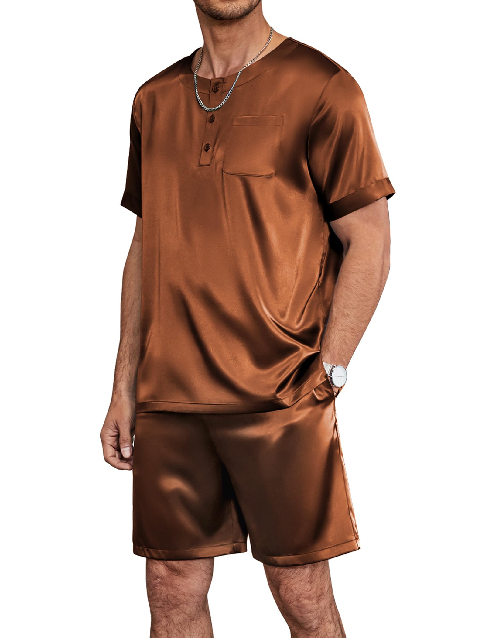 Ekouaer Men Silk Pajamas Set 2 Piece Pjs Soft Satin Sleepwear Shorts Button Down Tops Loungewear with Pockets