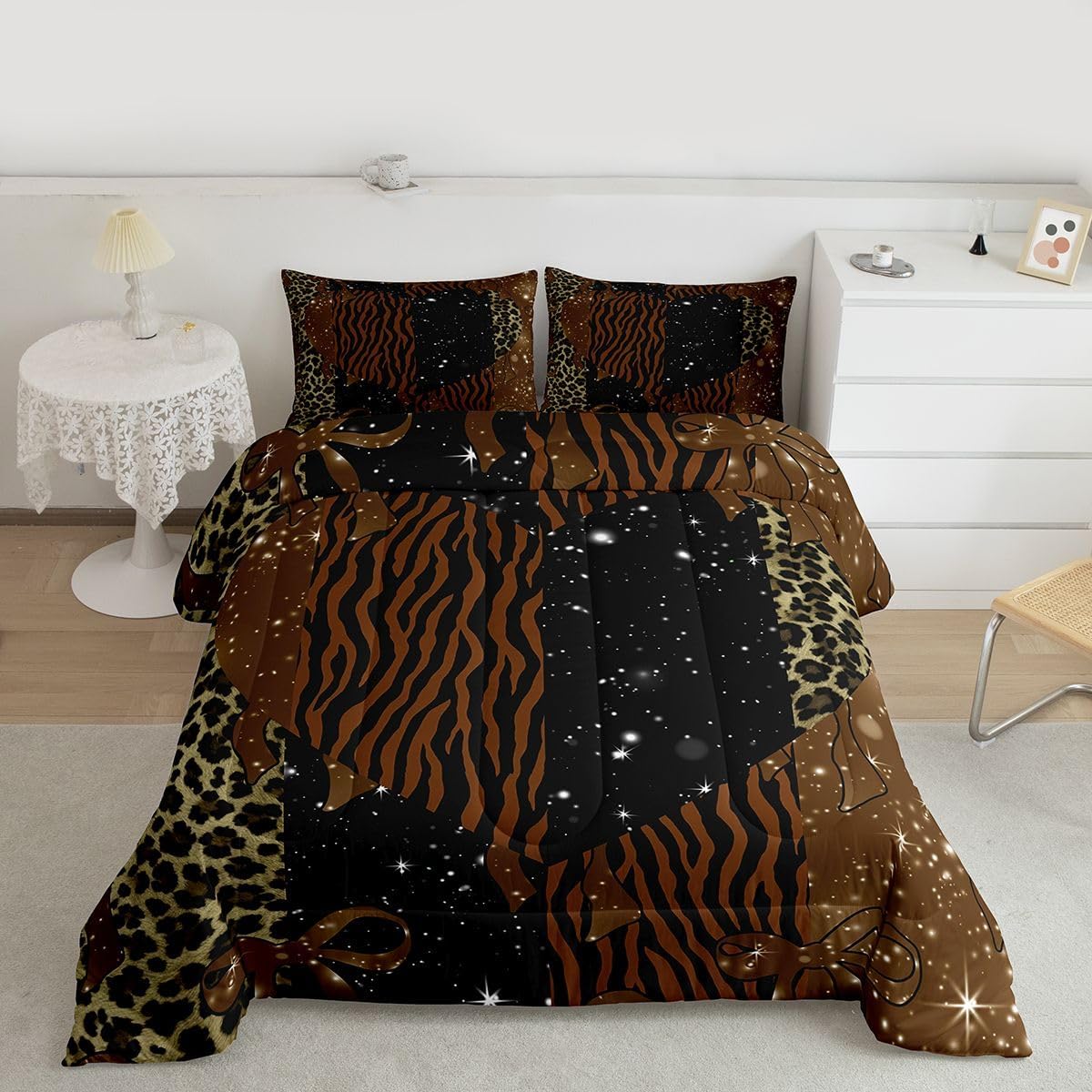 Girls Pink Bow Comforter Sets Toddler Size,Rustic Leopard Print Bedding Sets,Safari Animals Skin Quilted Duvet for Kids Teens Girls Woman Room Decor,Cartoon 3D Bow Tie Duvet Insert,1 Pillowcase