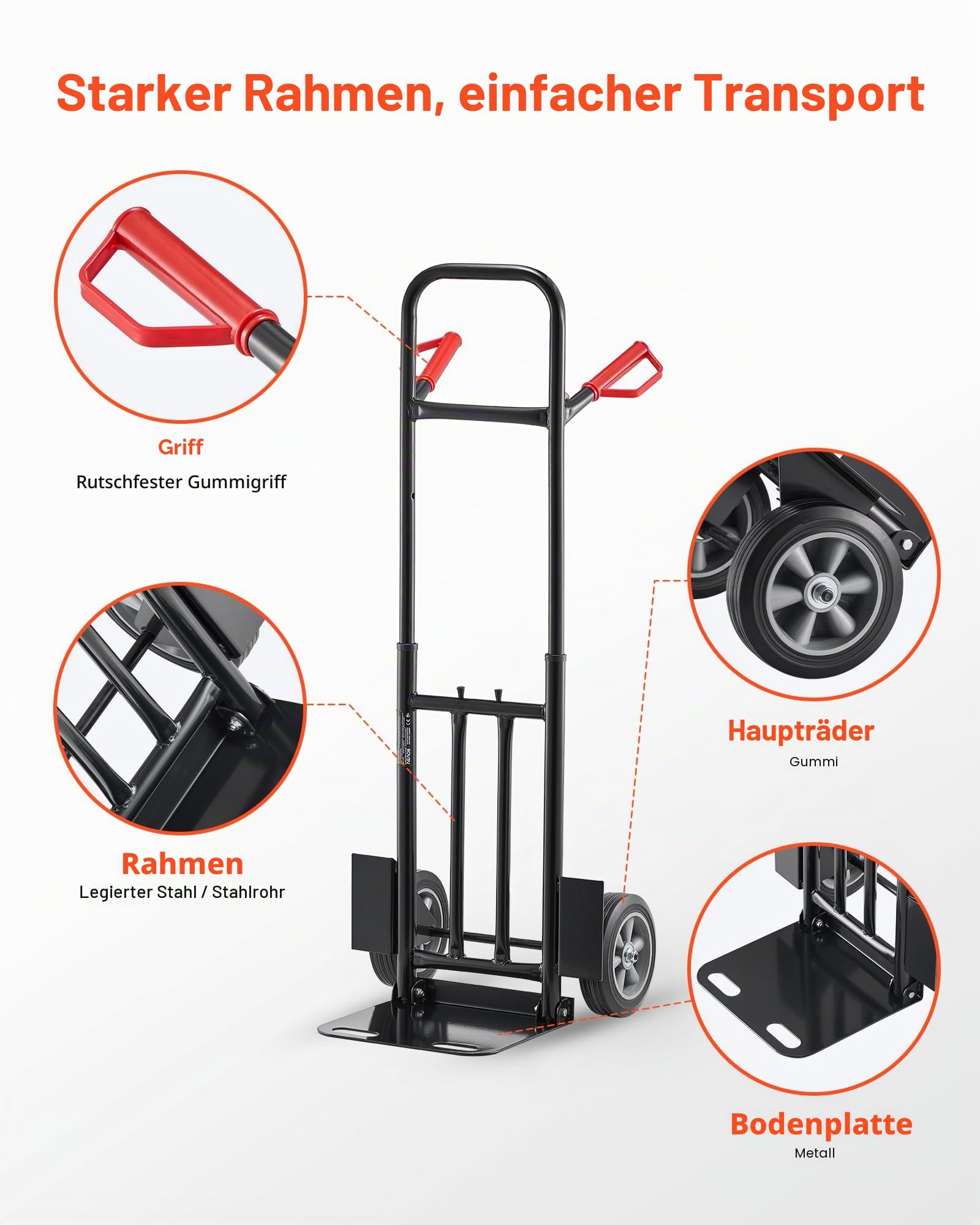 VEVOR Sackkarre, 272 kg Tragkraft, Transportkarre 480x460x1200mm, tragbarer Rollwagen mit Zurrgurt, Transportroller, Stapelkarre, Transportwagen für Hause, Büro, Lager, Supermarkt