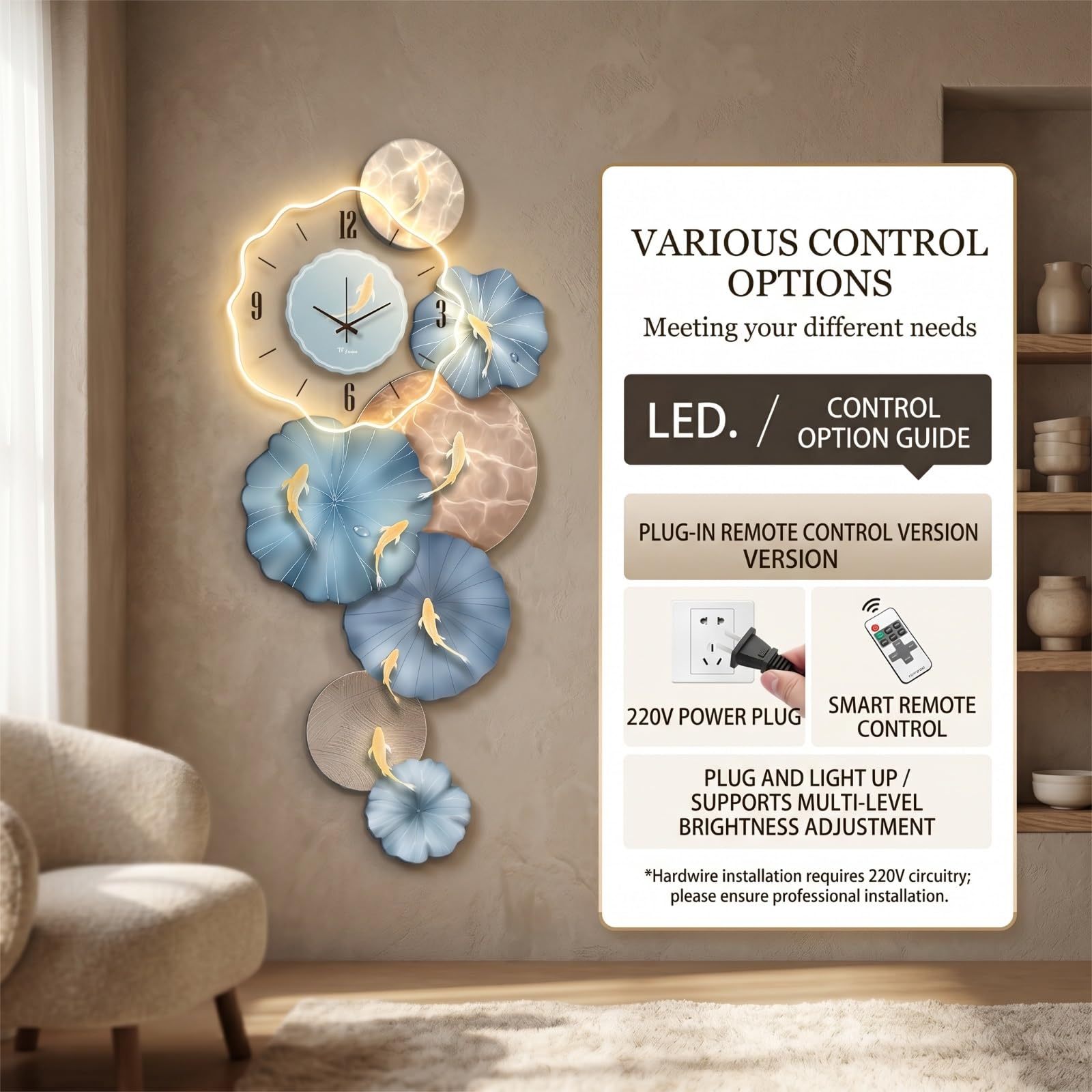 Crystal Porcelain Dekoracyjny Zegar Ścienny z Światłem 3D Wall Art Clock Decor Acrylic Crystal Porcelain Craft Mural Rzeźba Obraz Salon Sypialnia Biuro Korytarz(B,40 * 80CM)
