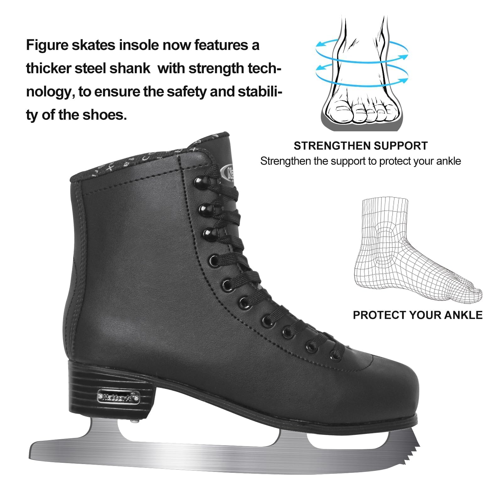 Nattork Excellence patinaje artístico, deslizadores de acero inoxidable para un mejor soporte, resistencia, rendimiento y máxima comodidad para jóvenes y adultos