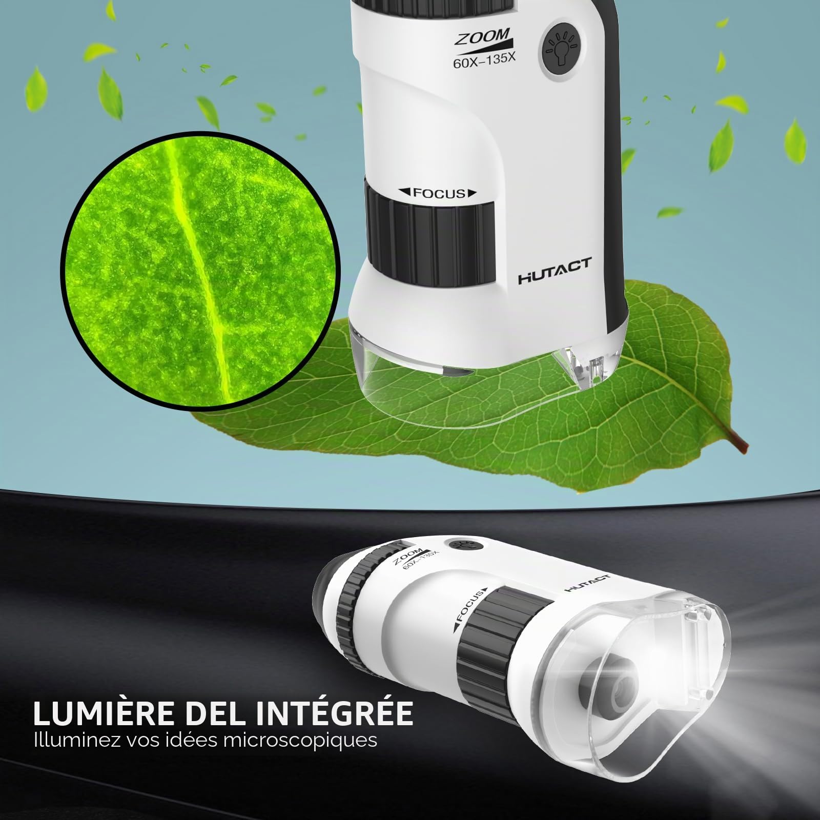 60-135X Mini Microscope Portable pour Enfants,Microscope de Poche Lumineux avec 5 Lames Preparees pour Plante Trichomes
