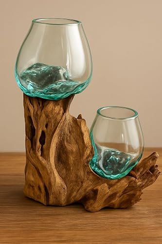 OMA Molten Glass on Driftwood Double Vase Planter – Hand Blown Glass & Natural Driftwood Base – Coastal Rustic Decor for Air Plants, Terrariums, Candles, or Table Centerpiece - XL Size