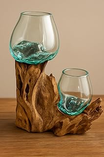 OMA Molten Glass on Driftwood Double Vase Planter – Hand Blown Glass & Natural Driftwood Base – Coastal Rustic Decor for Air Plants, Terrariums, Candles, or Table Centerpiece - XL Size