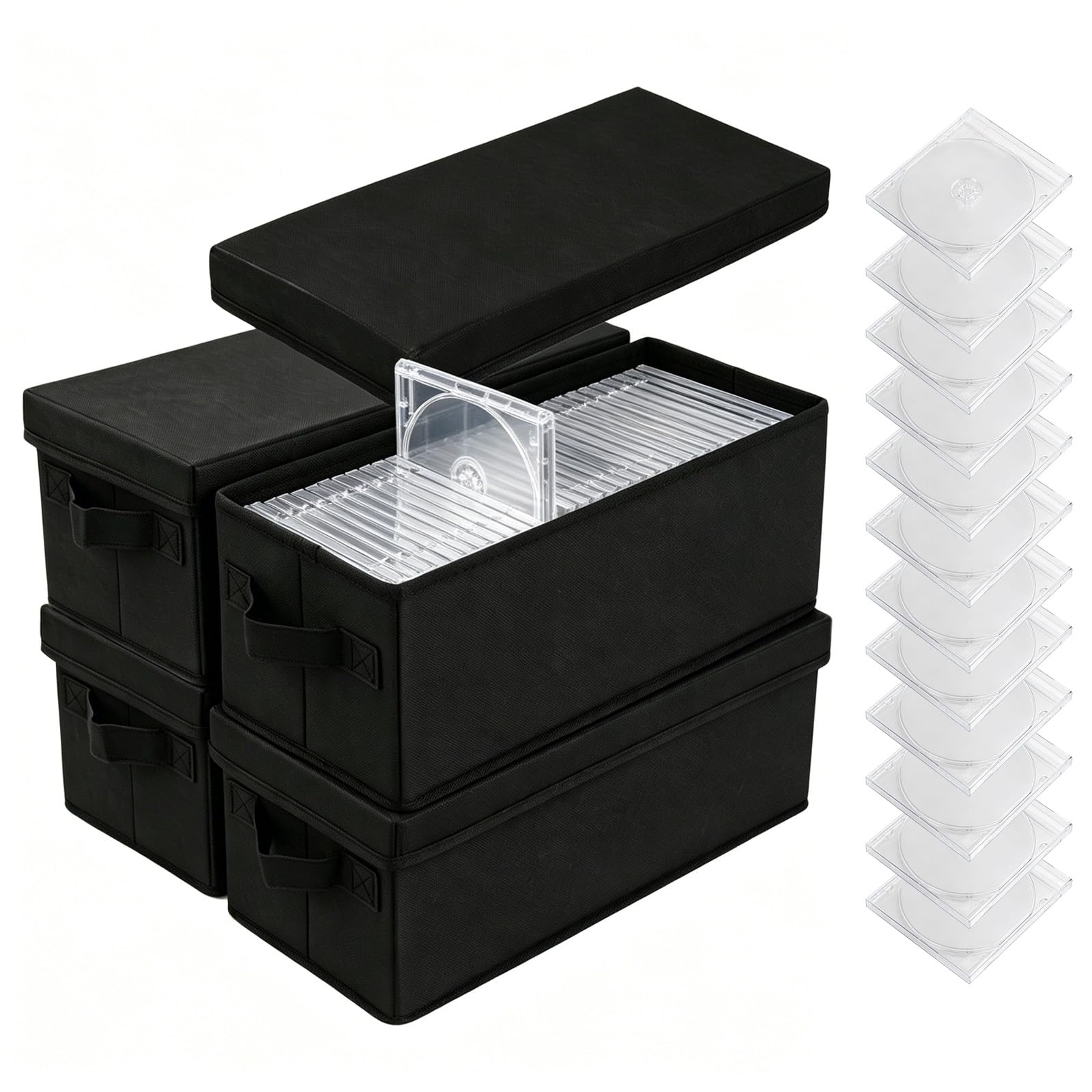 4 scatole per CD con 12 custodie trasparenti per CD, pieghevoli, per 60 CD, in custodie sottili (nero)