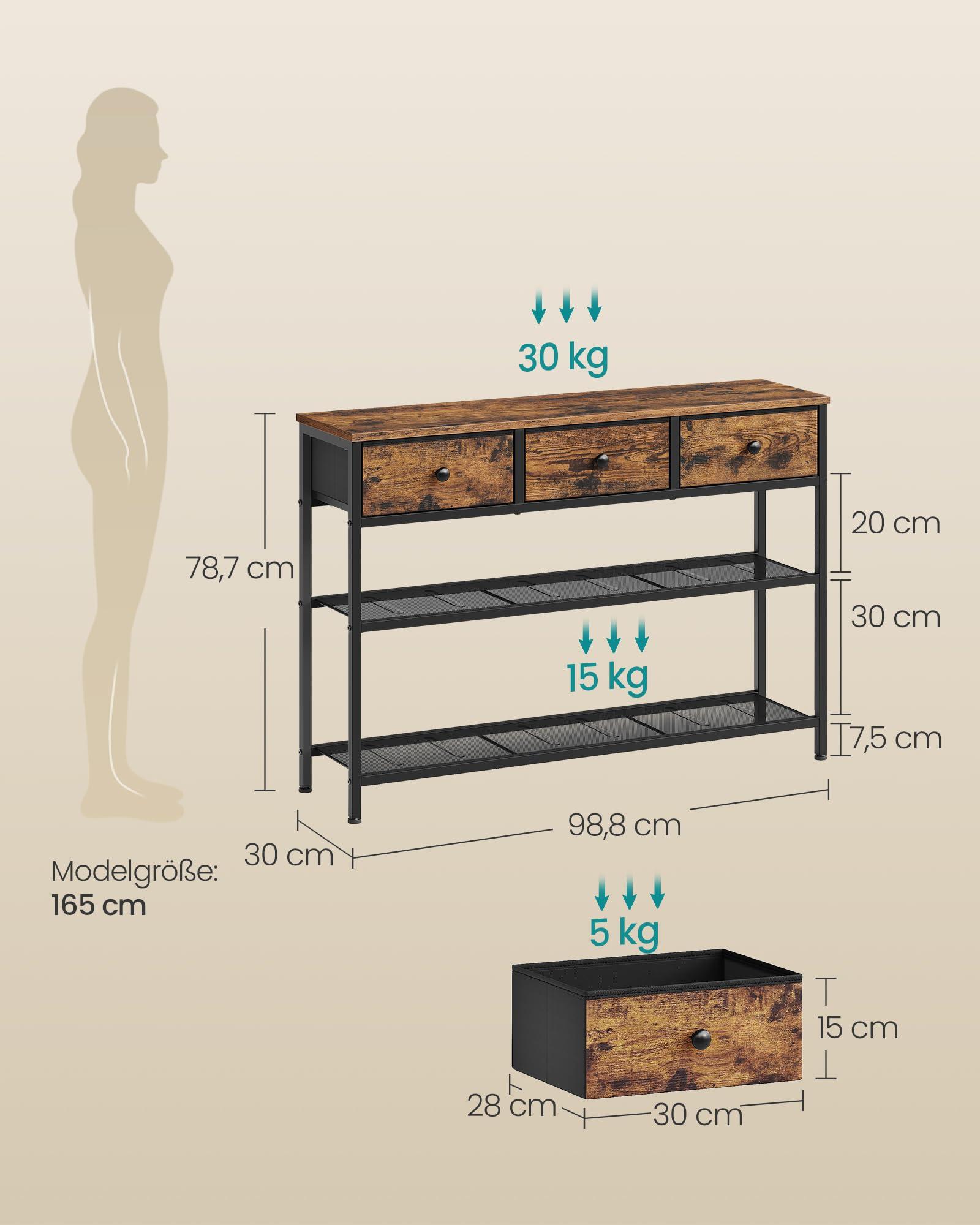 SONGMICS BELLAH Kollektion - Konsolentisch, Sofatisch schmal, Beistelltisch mit 2 Gitterablagen, Wohnzimmer, Eingangsbereich, Flur, 30 x 98,8 x 78,7 cm, 3 Stoffschubladen, vintagebraun LGS098K101